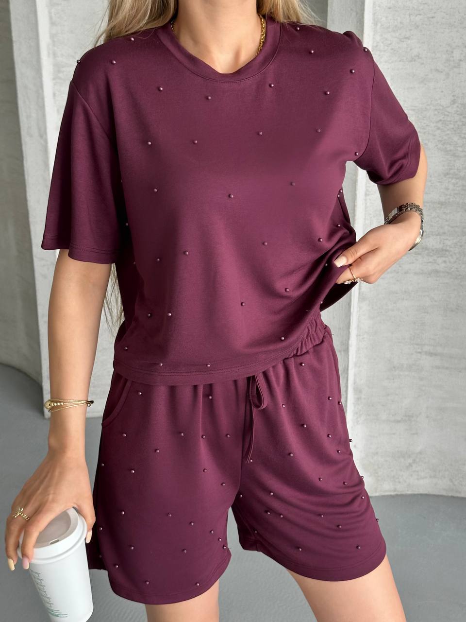 Modal Kumaş Şortlu Takım - Bordo