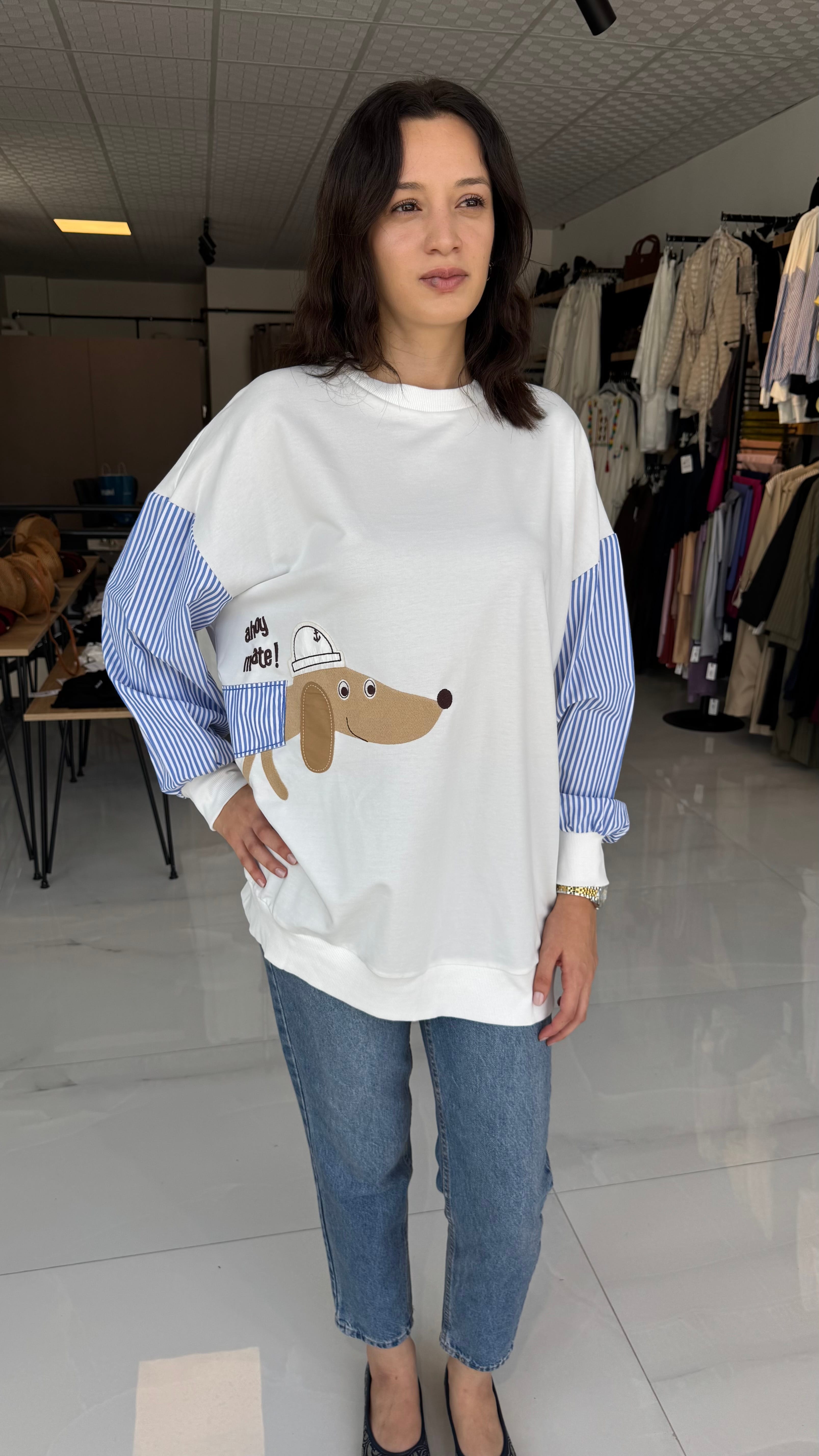 Kolu Gömlek Desenli Beyaz Sweatshirt - Std Beden