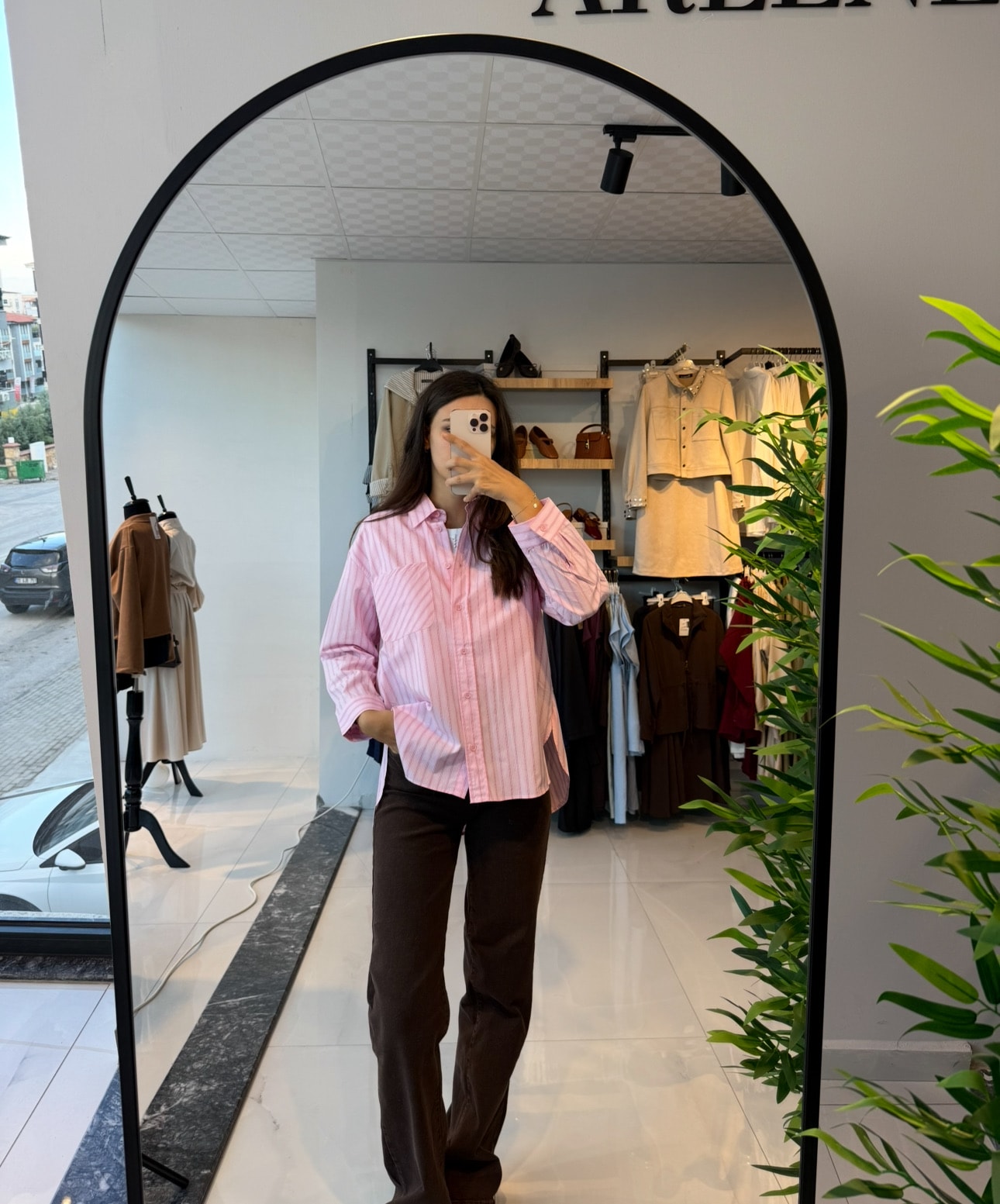 Kahverengi Çizgili Pembe Poplin Gömlek