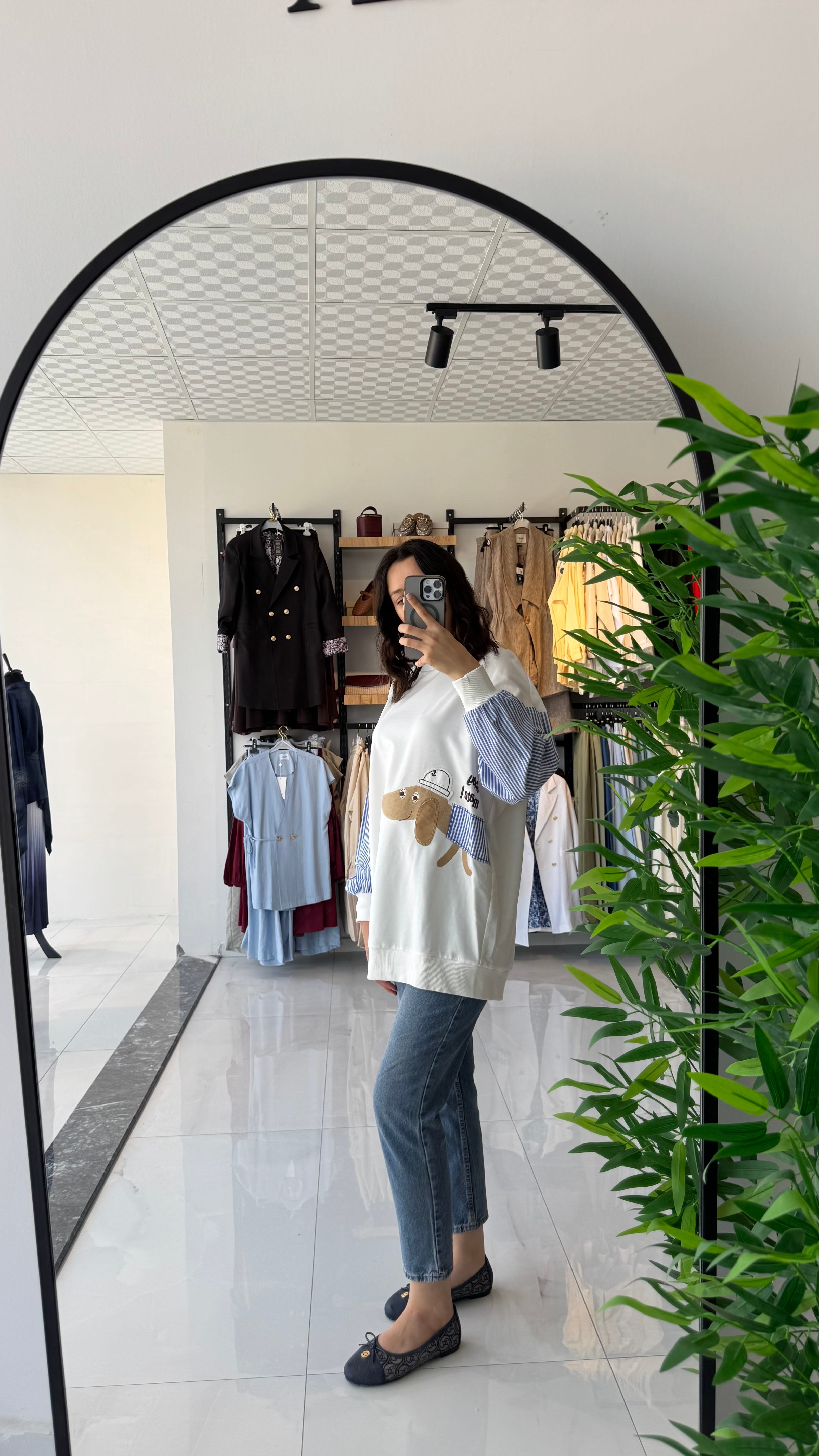Kolu Gömlek Desenli Beyaz Sweatshirt - Std Beden