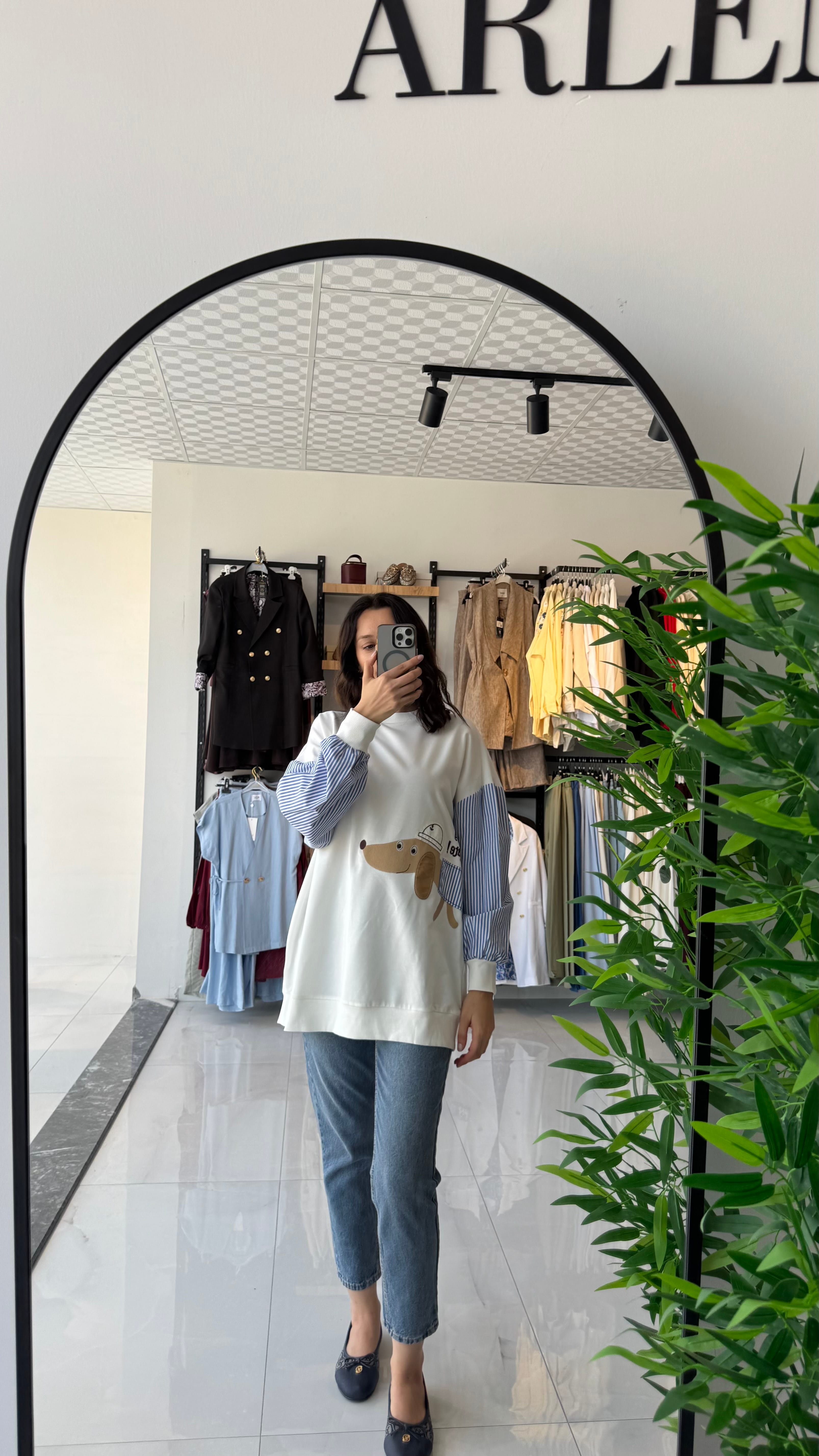 Kolu Gömlek Desenli Beyaz Sweatshirt - Std Beden