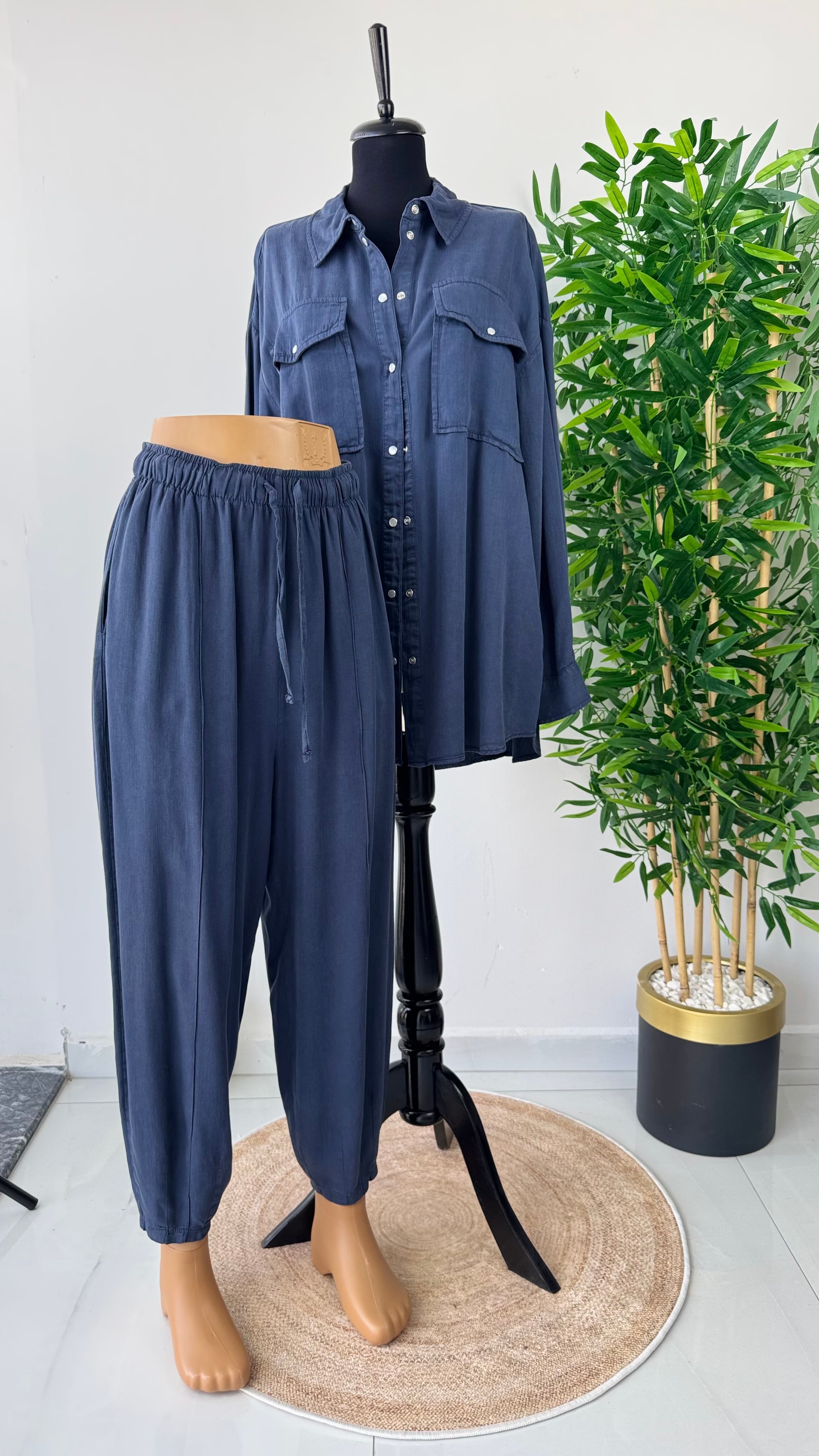 Tencel Konik Pantolonlu Takım - Lacivert