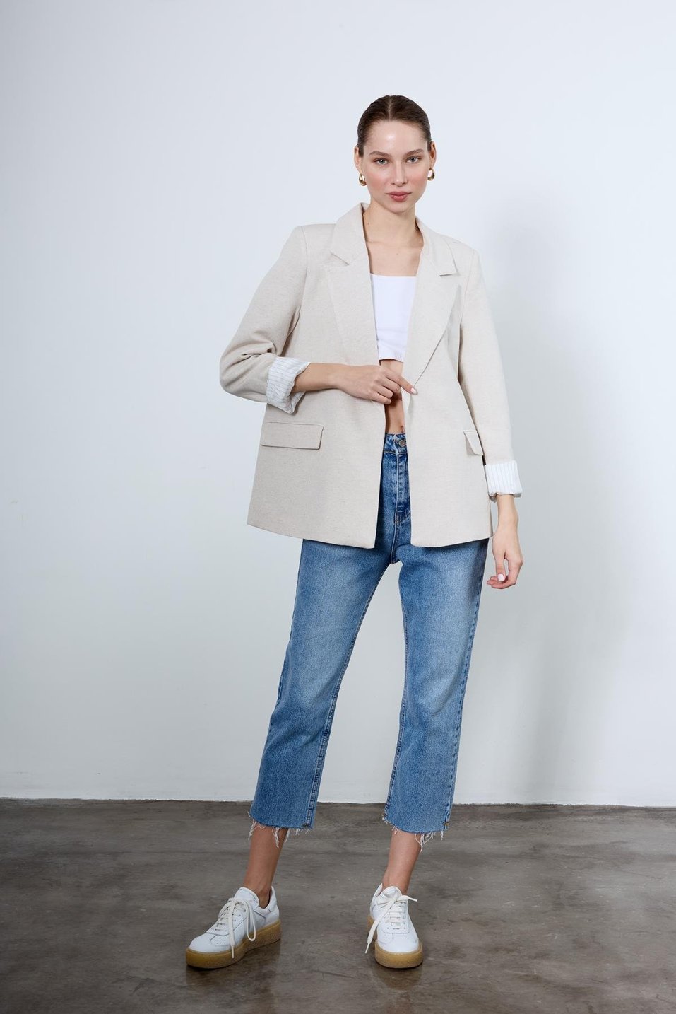 Çizgili Astarlı Blazer Ceket - Taş