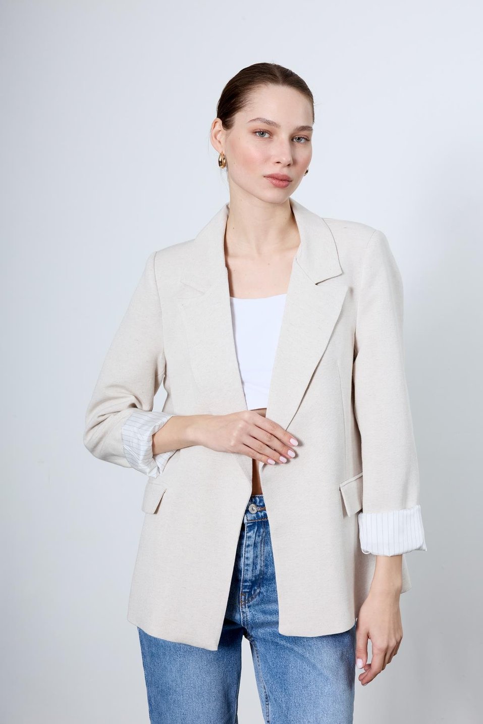 Çizgili Astarlı Blazer Ceket - Taş