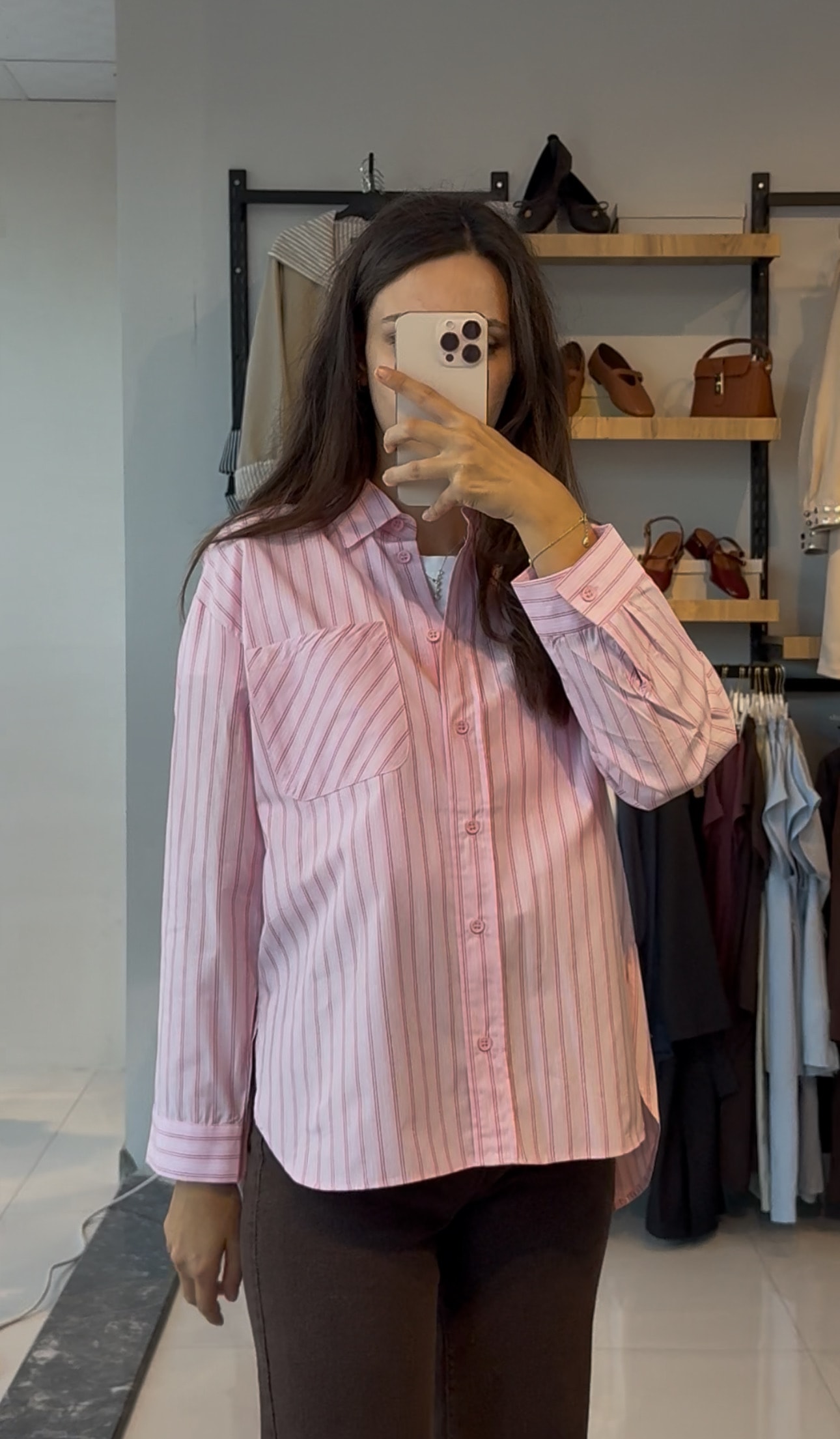 Kahverengi Çizgili Pembe Poplin Gömlek