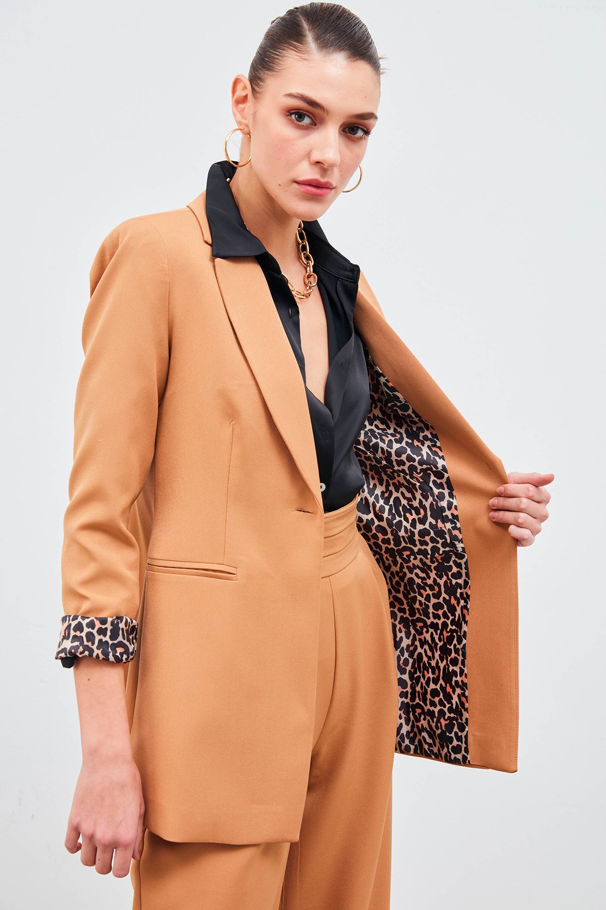 Mono Yaka Klasik Blazer Ceket - Camel