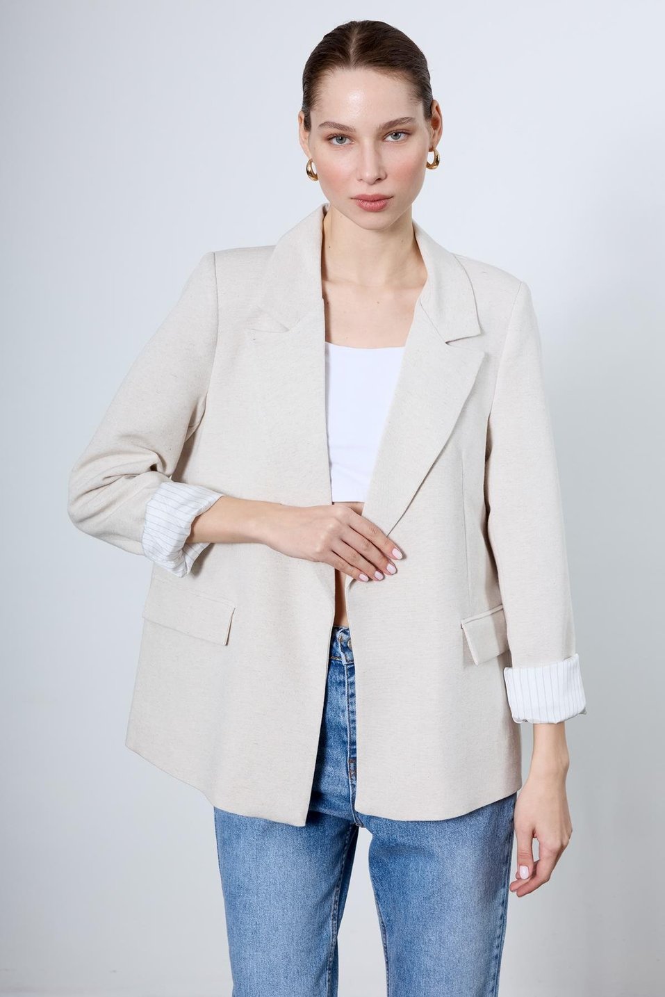 Çizgili Astarlı Blazer Ceket - Taş