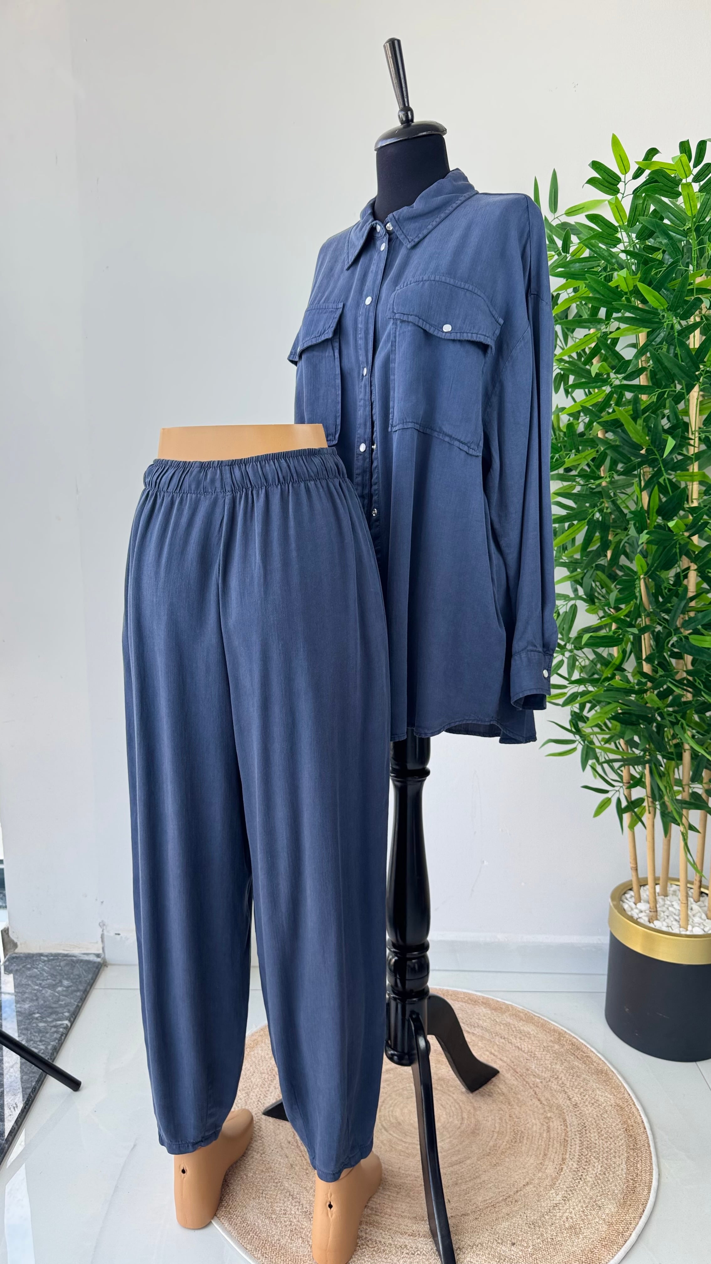 Tencel Konik Pantolonlu Takım - Lacivert