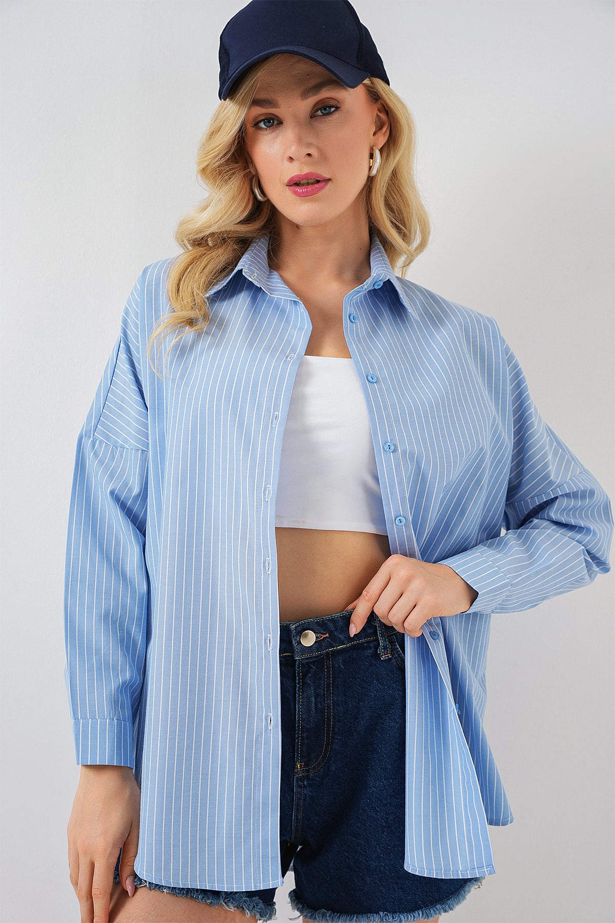 Çizgili Oversize Gömlek - Mavi