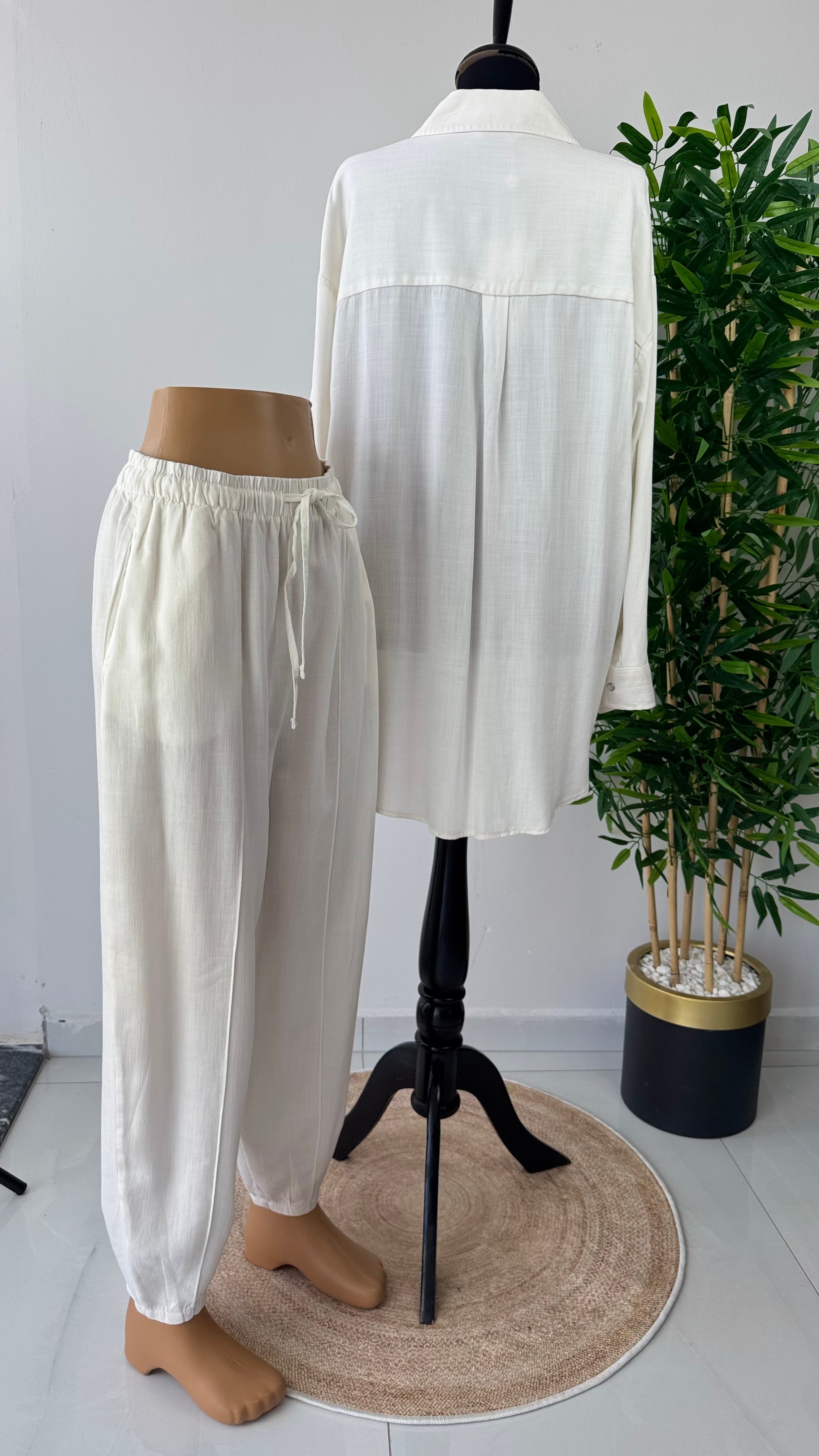 Tencel Konik Pantolonlu Takım - Ekru