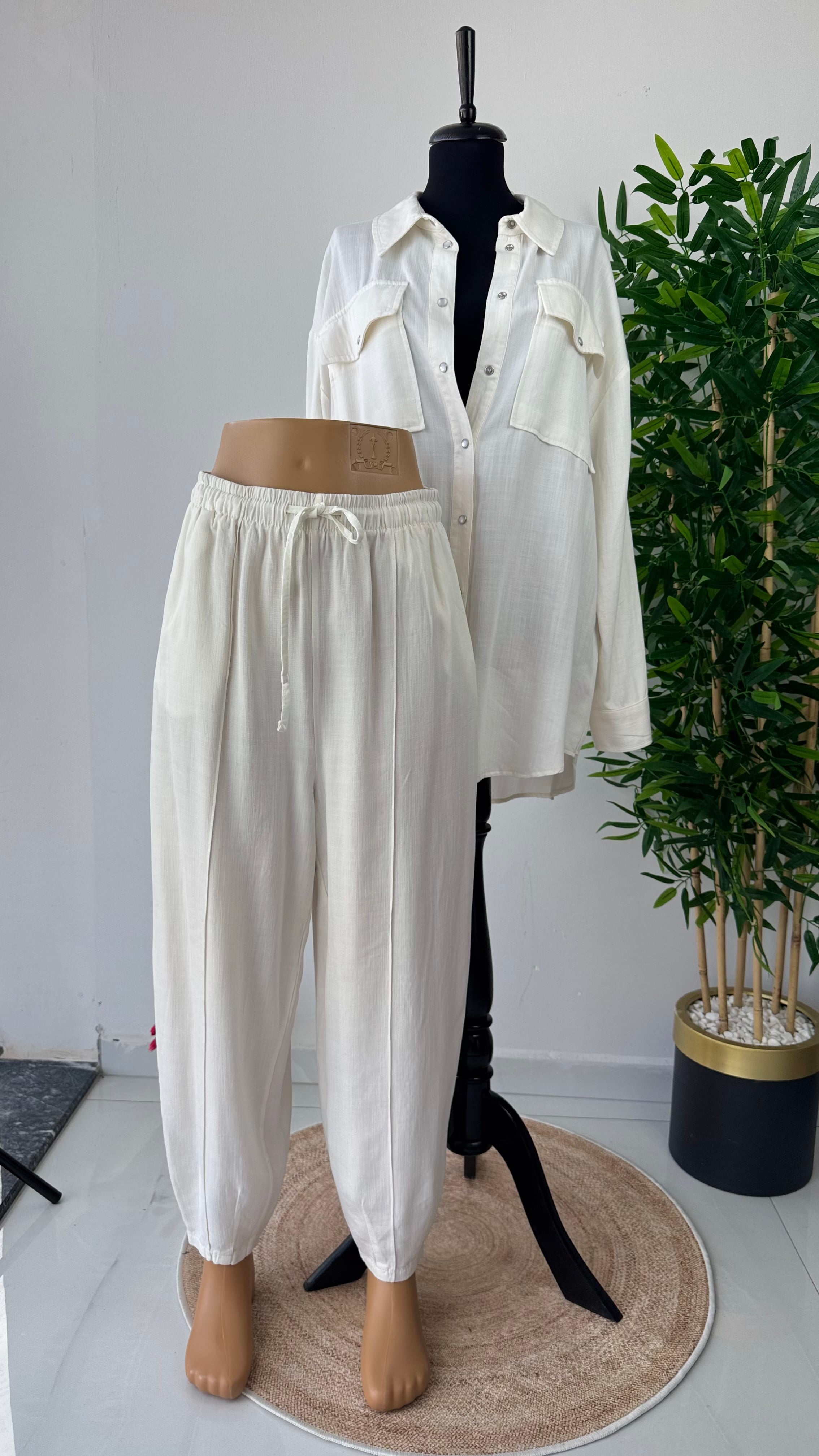 Tencel Konik Pantolonlu Takım - Ekru