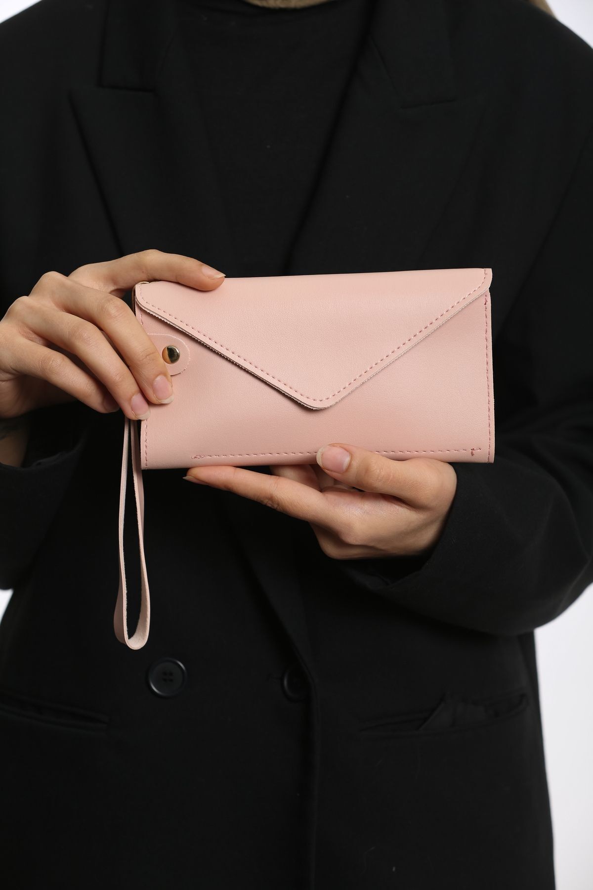 Envelope Telefon Ve Bozuk Para Bölmeli Zarf Model Zarif Kahverengi Kadın Cüzdan El Çantası - toz pembe