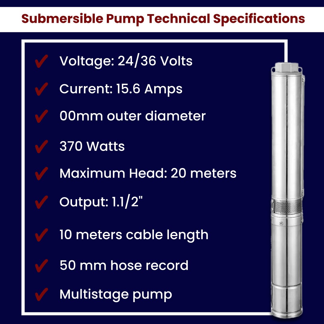 24 Volt 370 Watt DC Solar Brushless Multistage Submersible Pump 20 m Head 8 m³/h