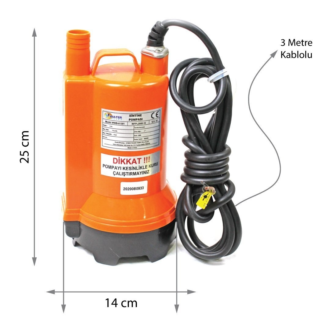 12 Volt DC Drainage Submersible Pump 7 m Height 7.5 m³/h