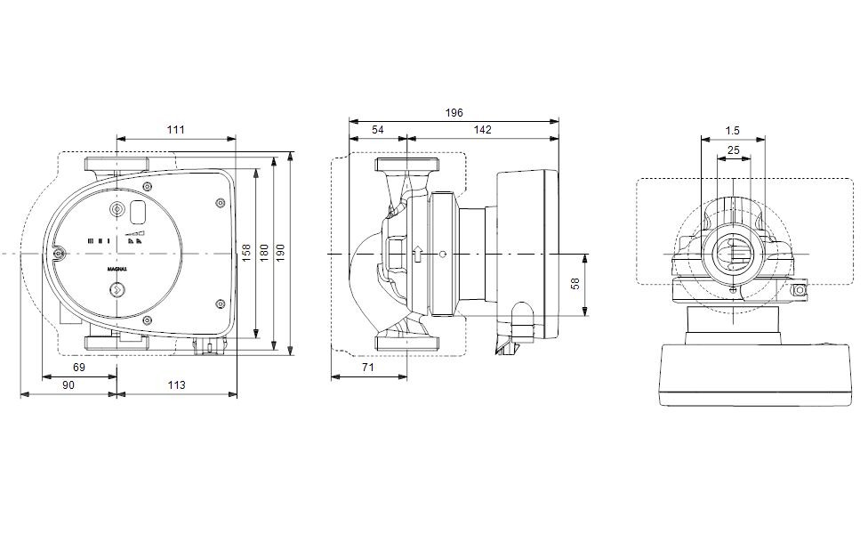 Grundfos MAGNA1 25-100 (180 mm) Frequency Converter Circulation Pump for 125-150,000 Boilers, 10m Head, 9.5m³/h