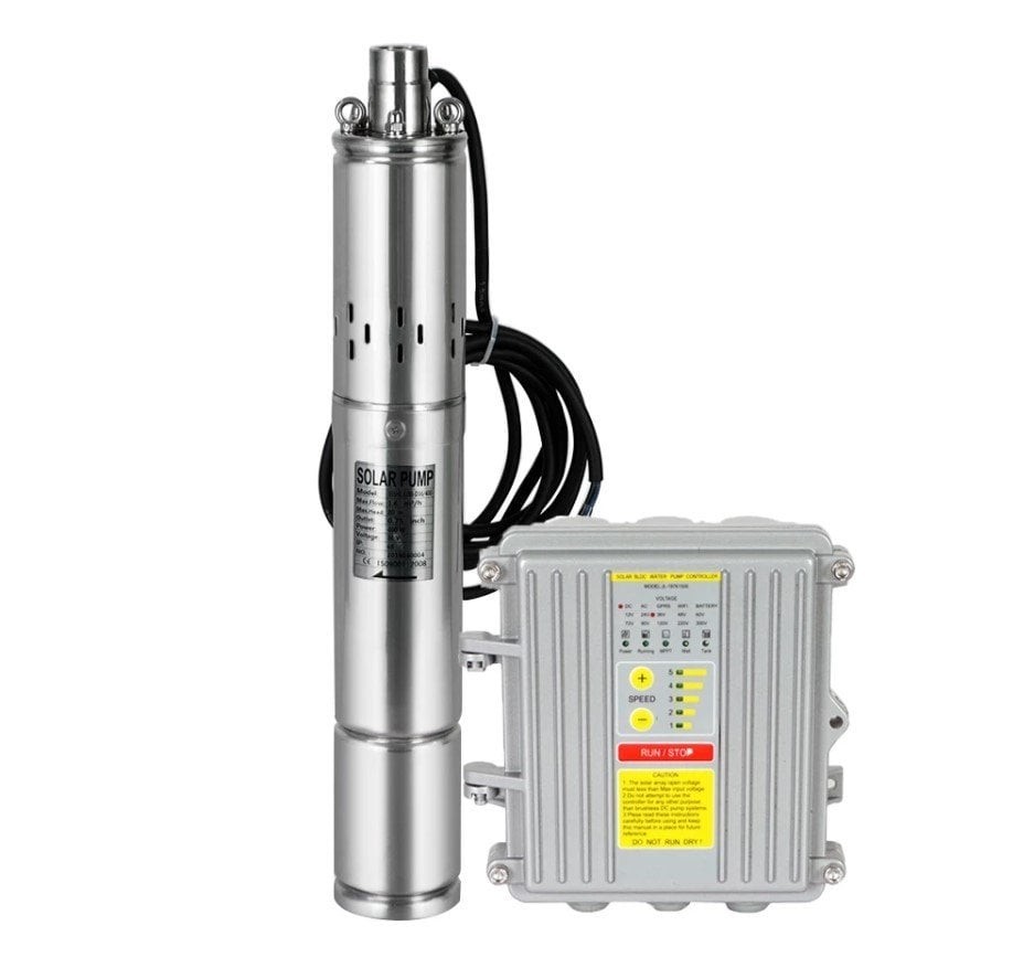 24 Volt Dc Solar Powered Submersible Pump 70mm Outer Diameter 140 Watt Panel 50 Mss 1.3 m³/h