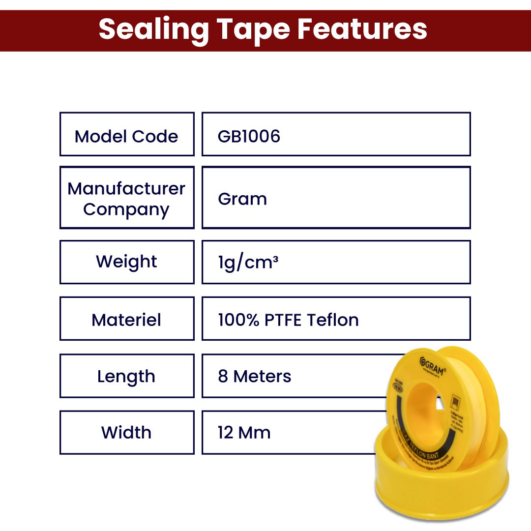 Gram Natural Gas Teflon Tape Sealing Tape 12 mm x 8 Mt 10 Pieces - DOMESTIC PRODUCTION