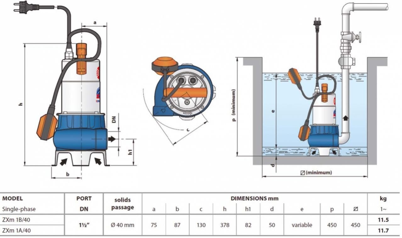 Pedrollo ZXm 2/30 Submersible Septic Pump with Floater and Non-Corrosible Body