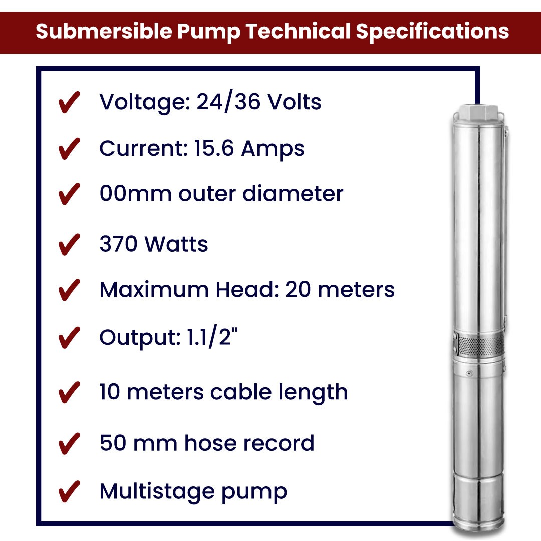 24 Volt 370 Watt DC Solar Brushless Multistage Submersible Pump 20 m Head 8 m³/h