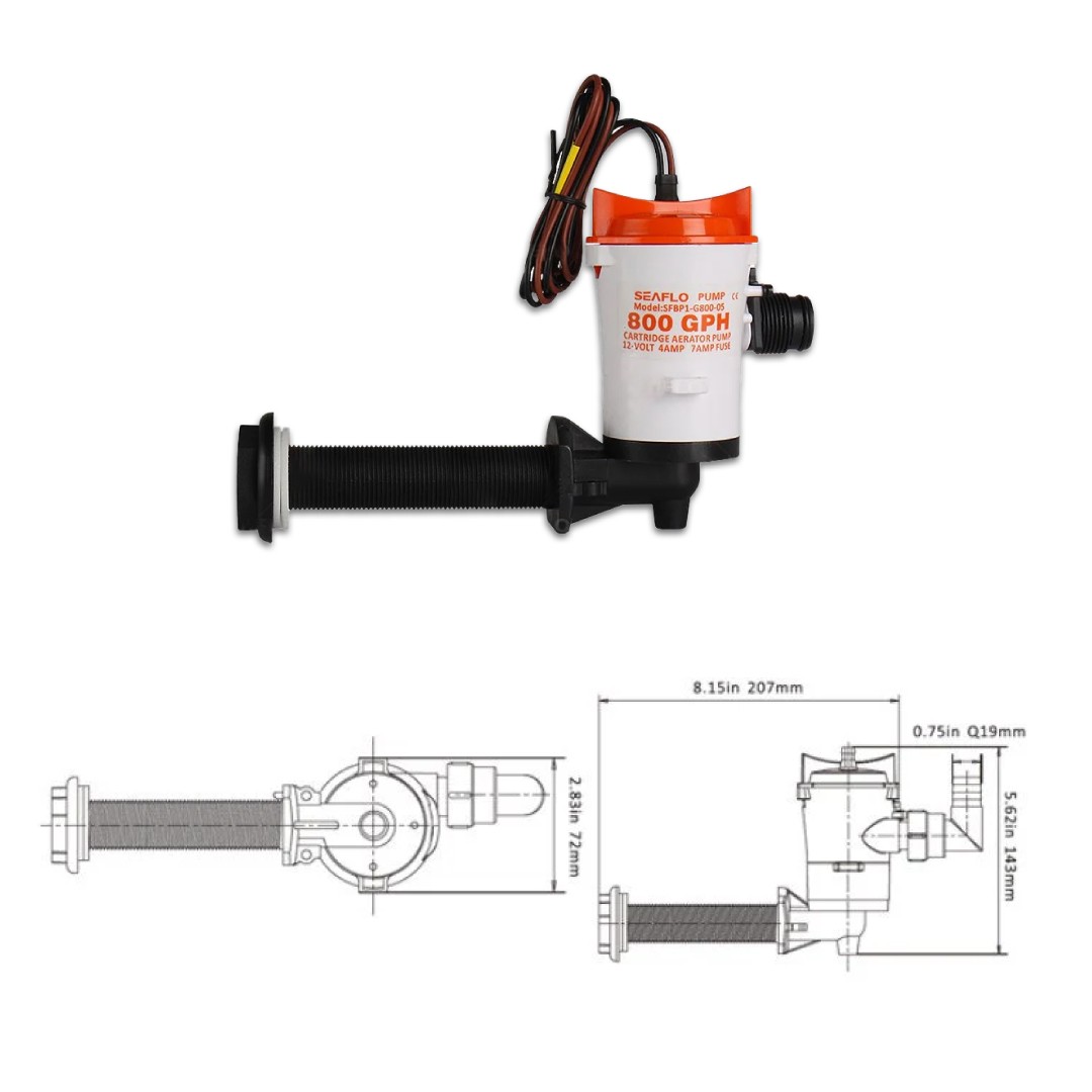 Seaflo Horizontal 90 Degree Diaphragm Pump 12 Volt 800 GPH 4 Amps 3/4'' Outlet SFBP1-G800-05