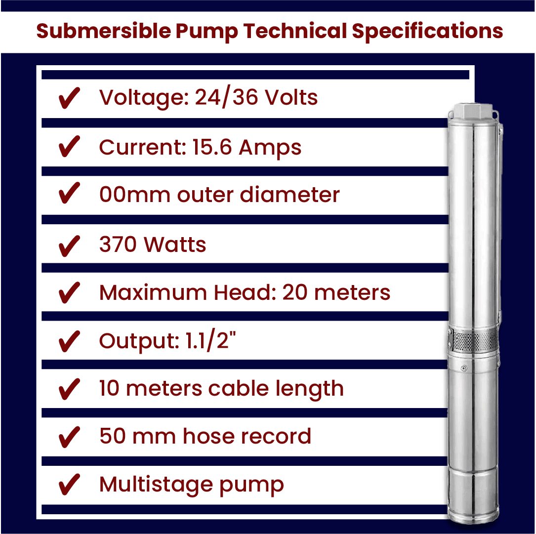 24 Volt 370 Watt DC Solar Brushless Multistage Submersible Pump 20 m Head 8 m³/h