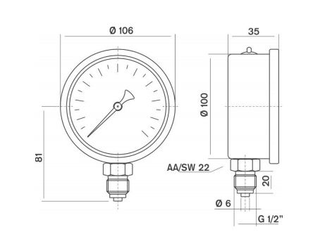 Pakkens 0-6 Bar 100 mm Bottom Connection Glycerin Manometer G 1/2 inch