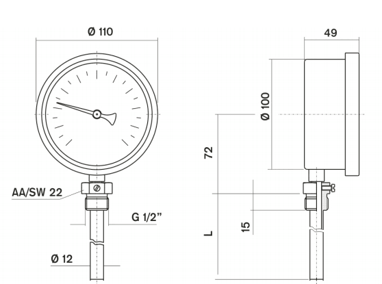 Pakkens Thermometer 0-300 °C Q 100 mm Immersion Length 10 cm