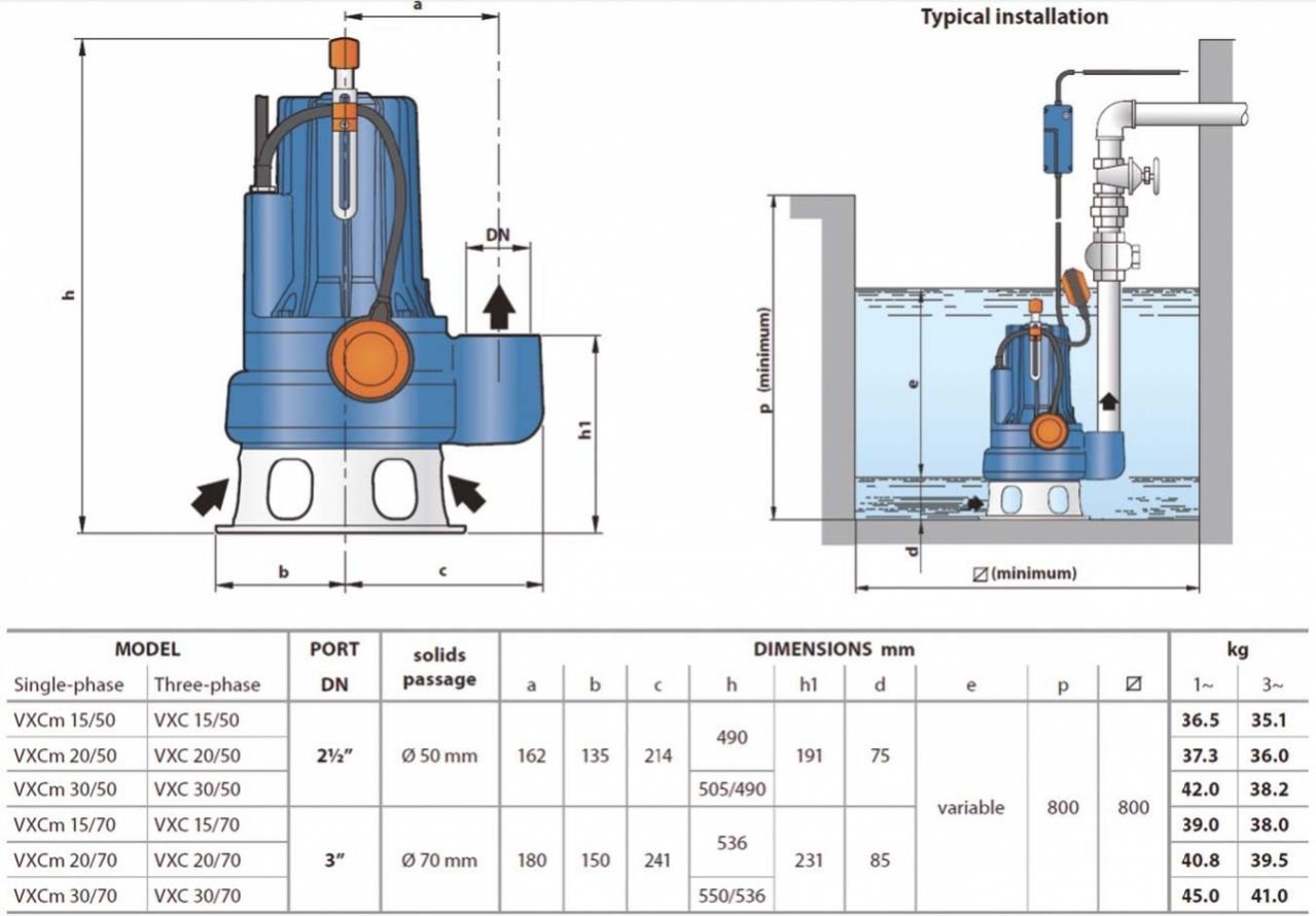 Pedrollo VXCm 30/65 Septic Submersible Pump with Cast Iron Casing