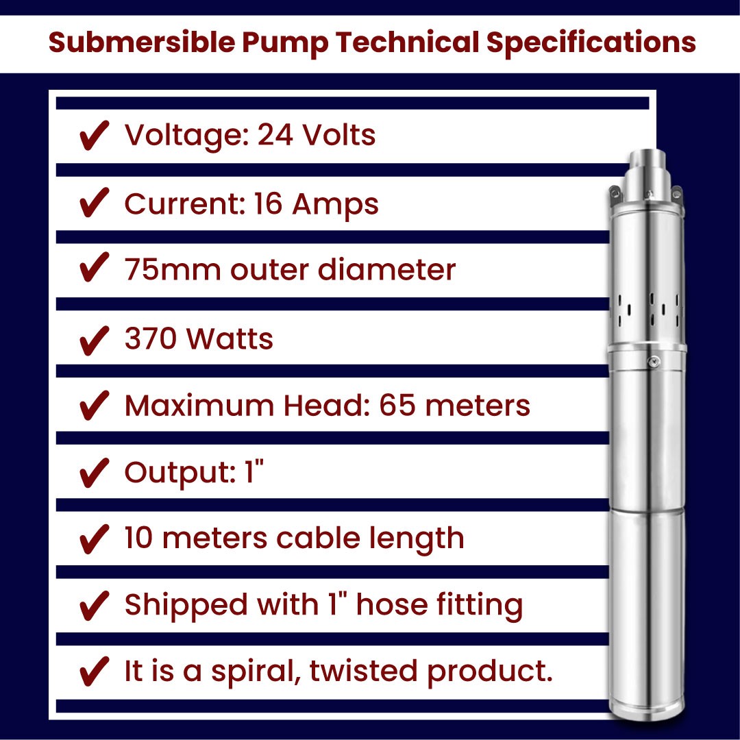 24 Volt 370 Watt DC Solar Brushless Submersible Pump 65 m Head 2 m³/h