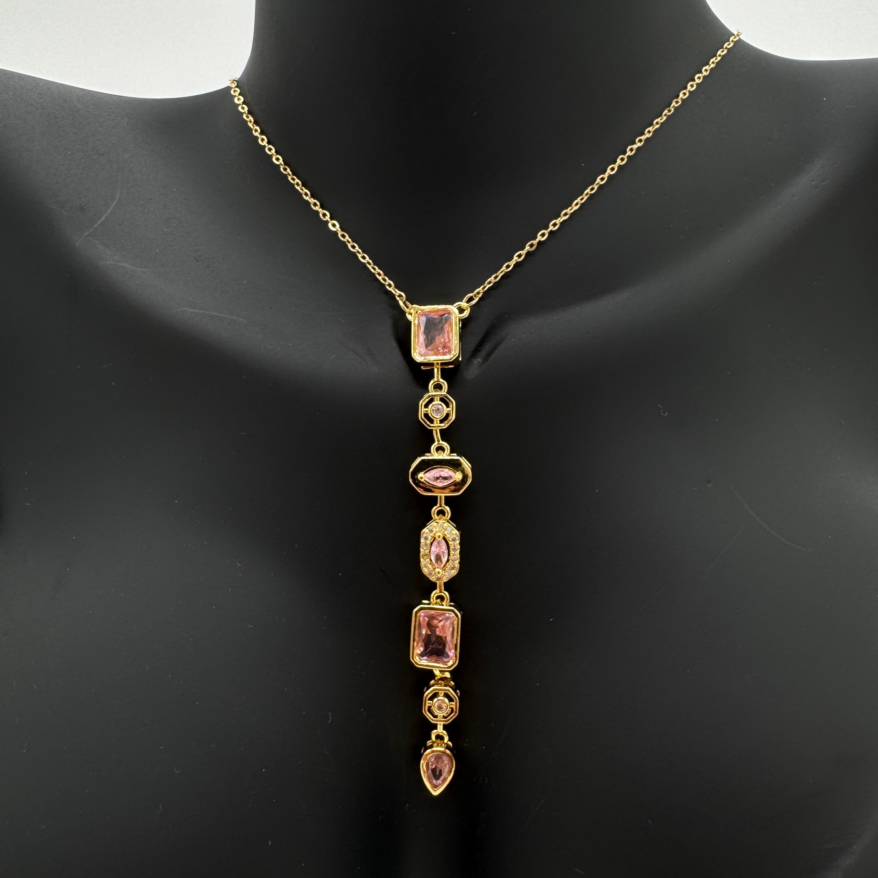 Çelik Yedi Elemen Y Kolye Gold Pembe Taş Detay  - Gold