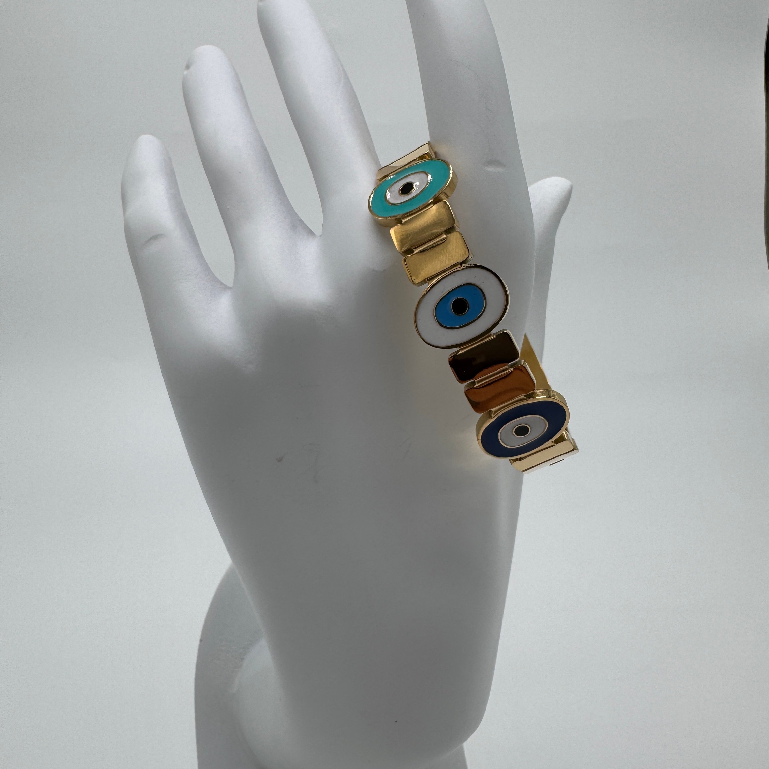 Özel Seri Çelik Büyük Nazar Boncuğu Detaylı Vintage Kelepçe - Gold