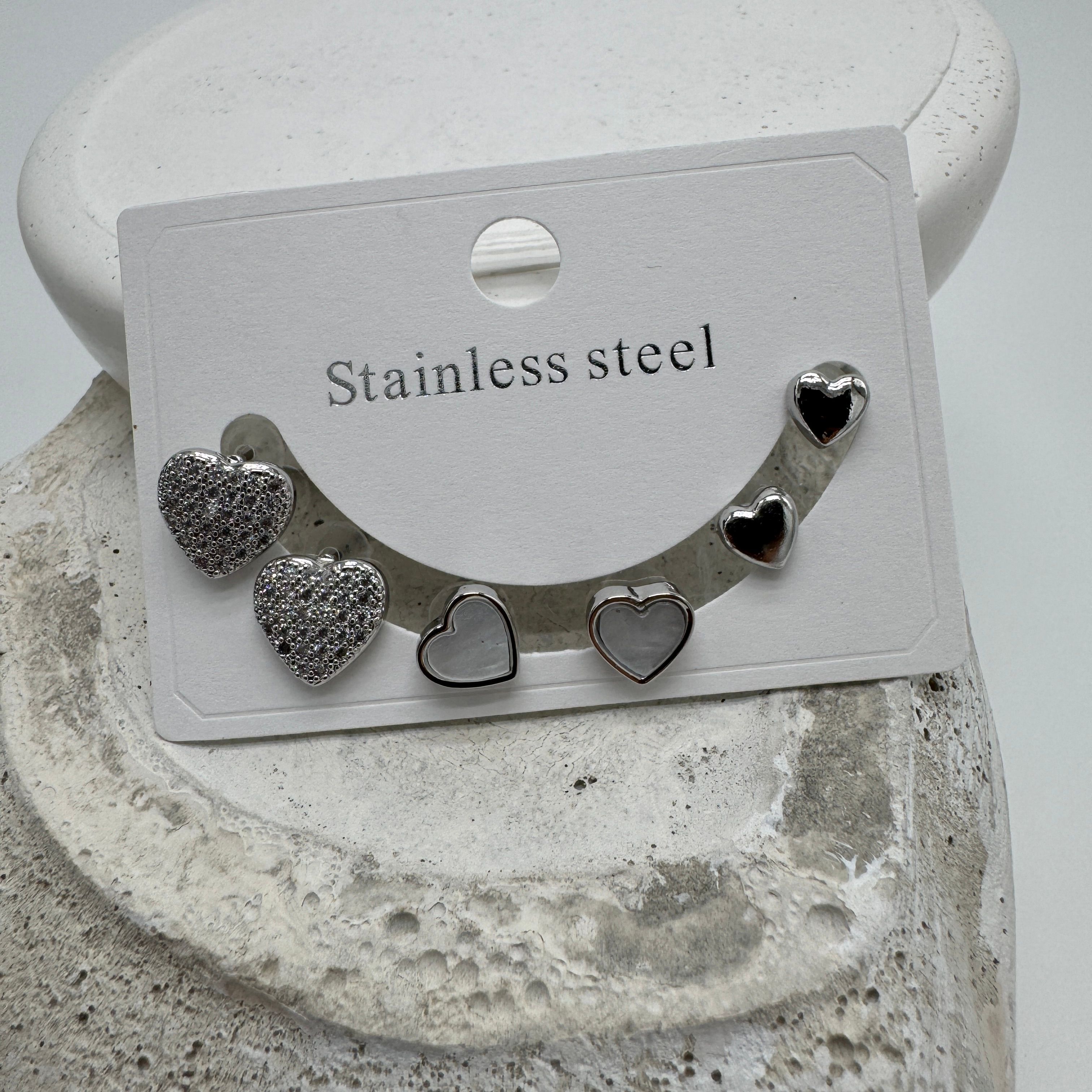 Çelik Silver Set 3 Çift Kalp Küpe - Silver