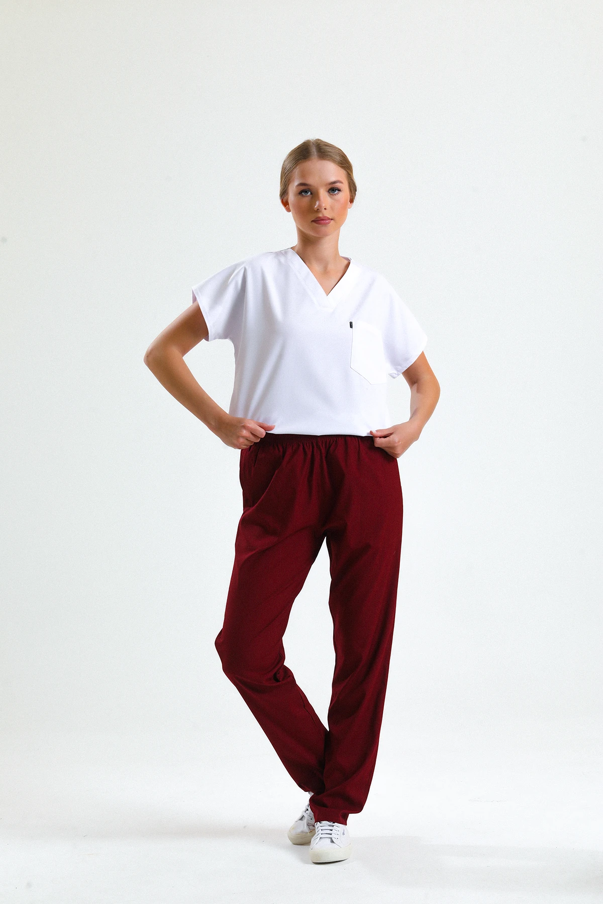 Bordo Scrubs Tek Alt – Likralı ve Nefes Alabilir Medikal Doktor ve Hemşire Forması