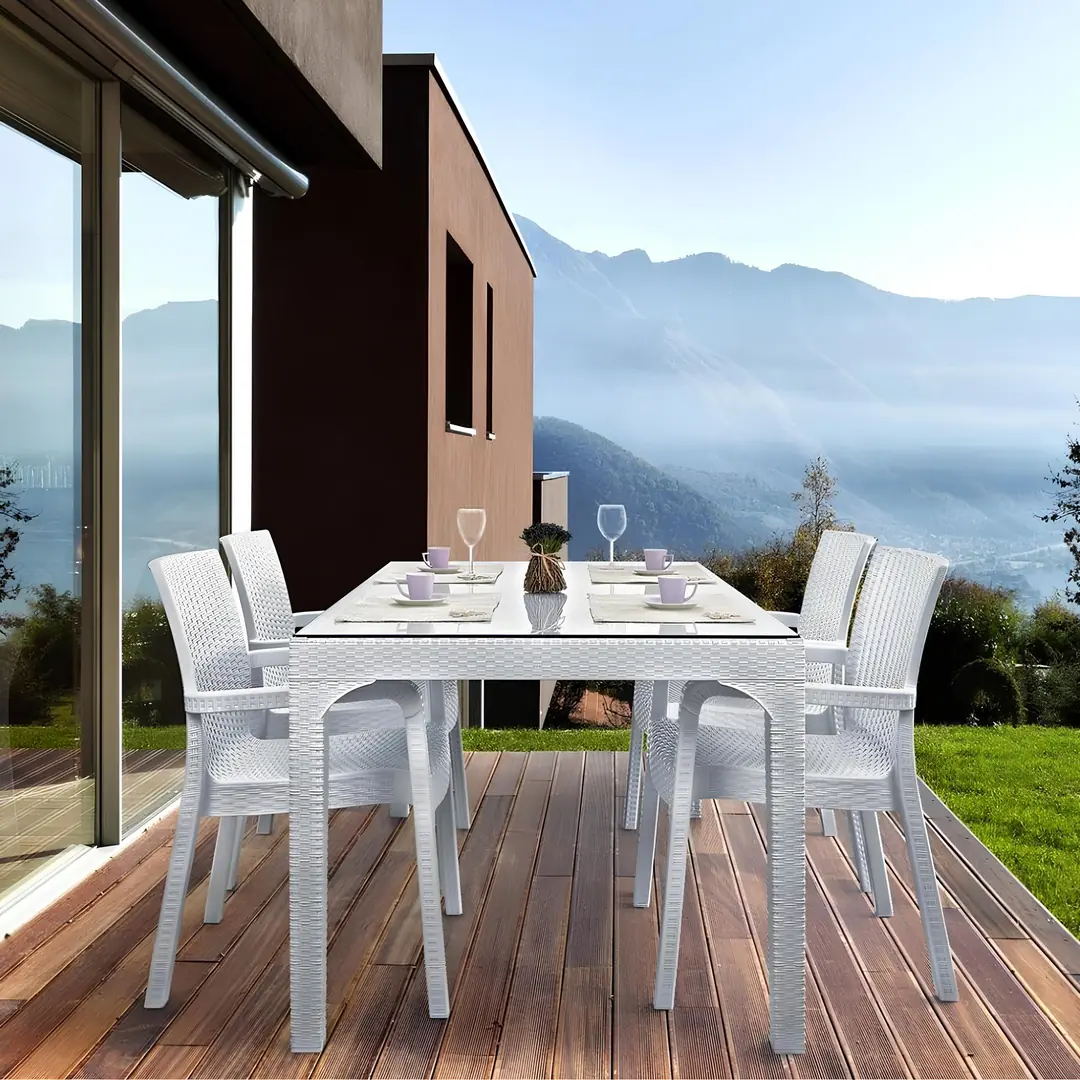 Holiday Markiz Rattan Camlı Bahçe Balkon Masa Takımı 6 Sandalyeli
