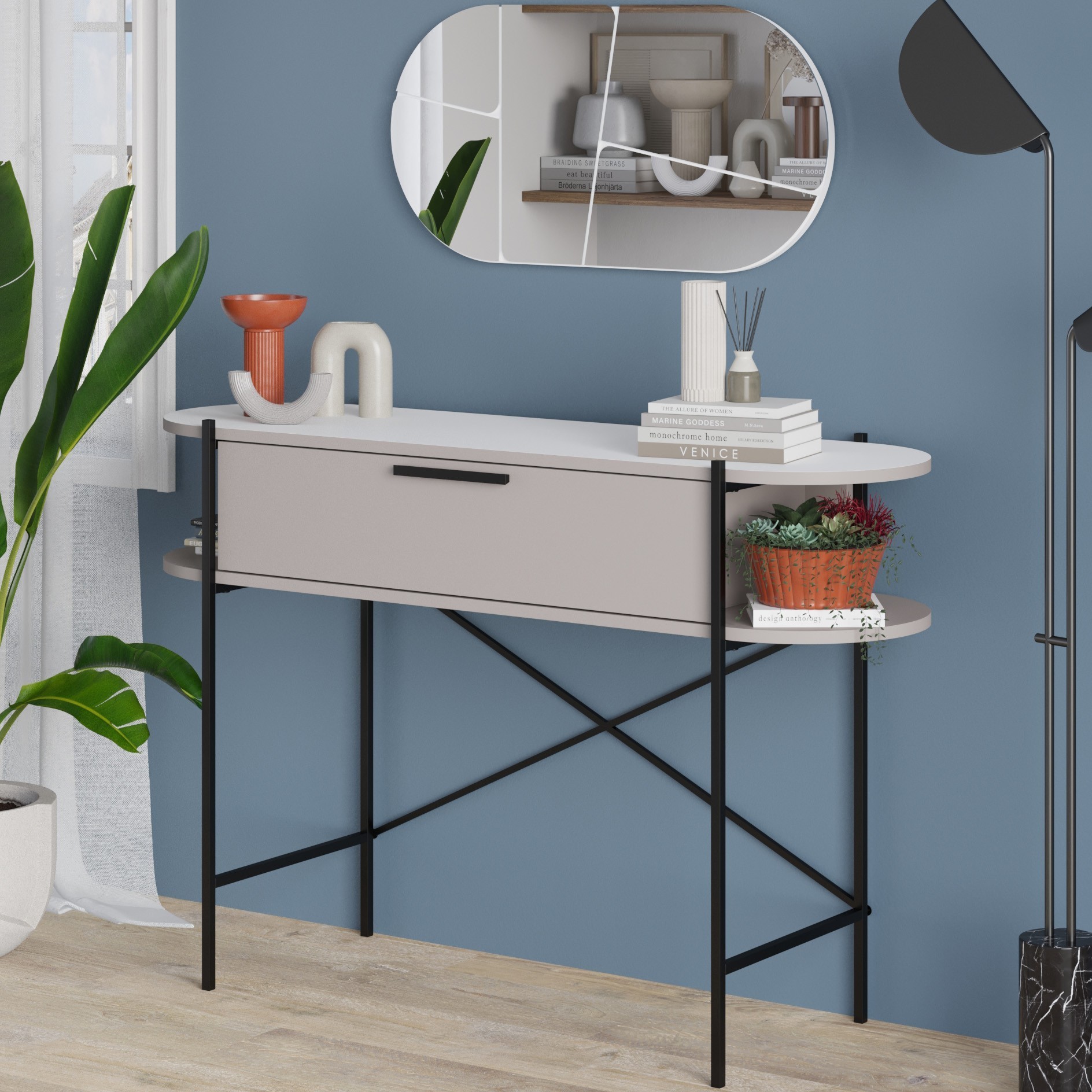 Otis Konsol With Mirror White - Oak