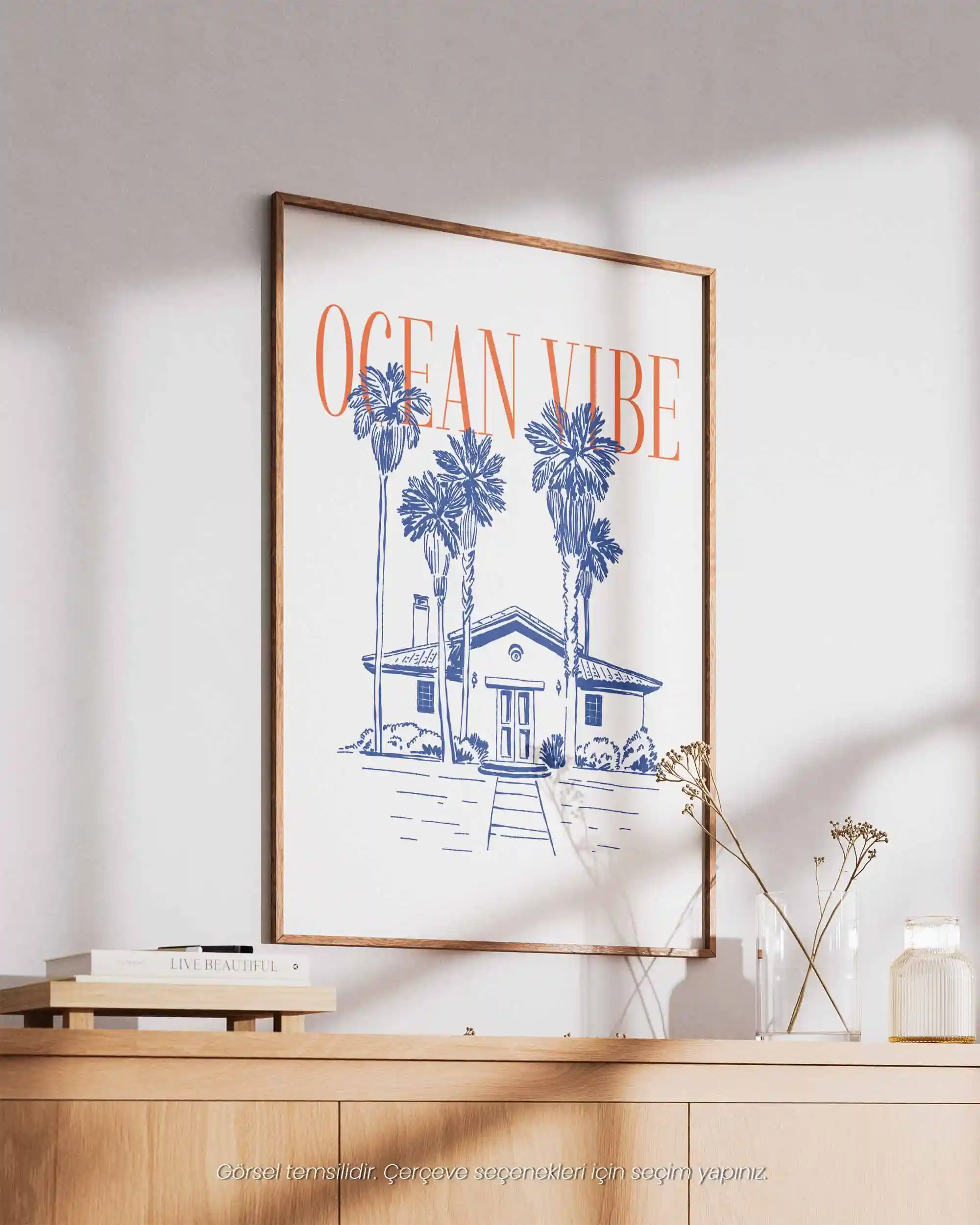 Ocean Vibe - Tipografik Palmiyeli Sahil Minimal Manzara Poster