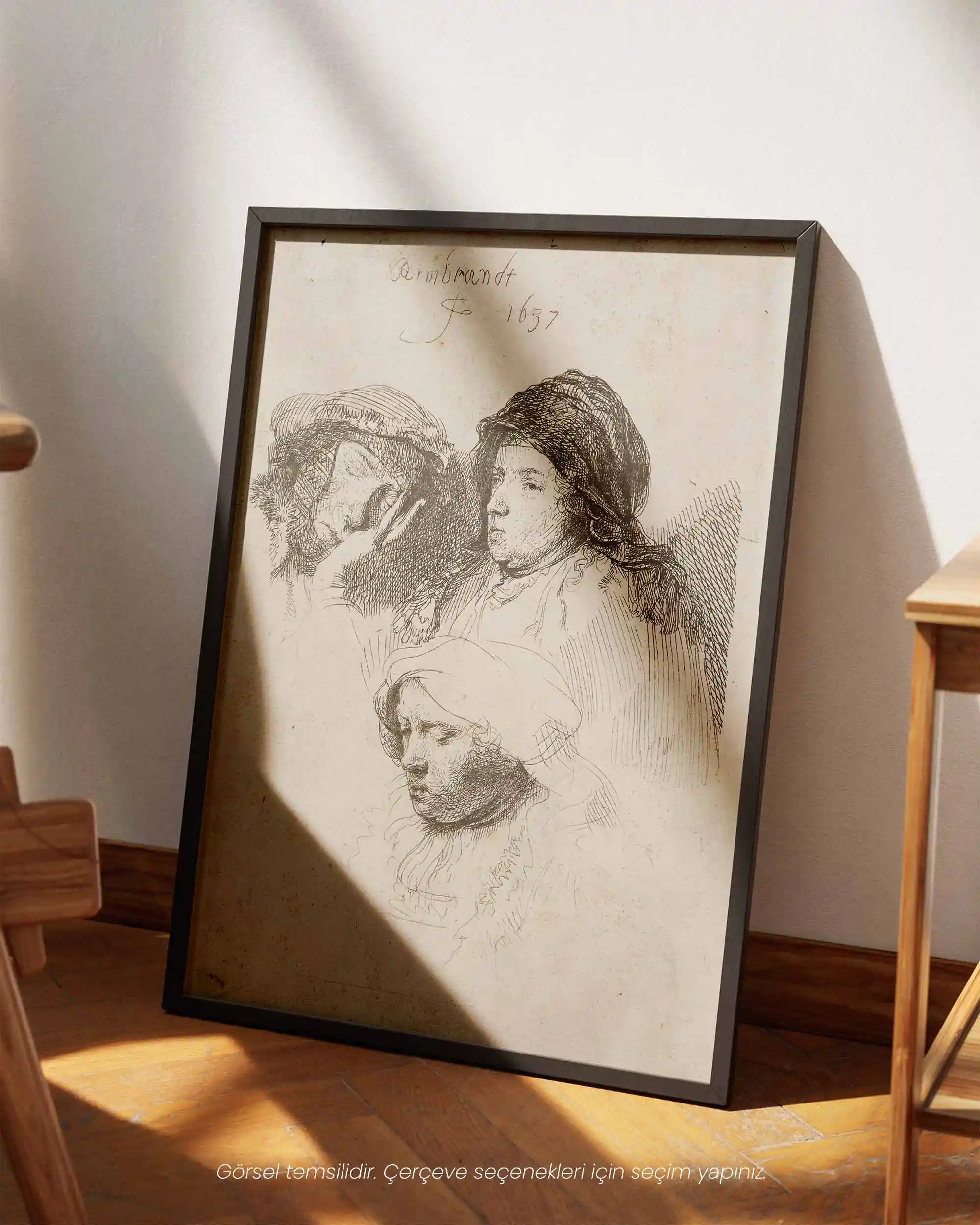 Rembrandt van Rijn - Üç Kadın Kafası, Biri Uykuda (1637) Eskiz Sanat Tarihi Poster