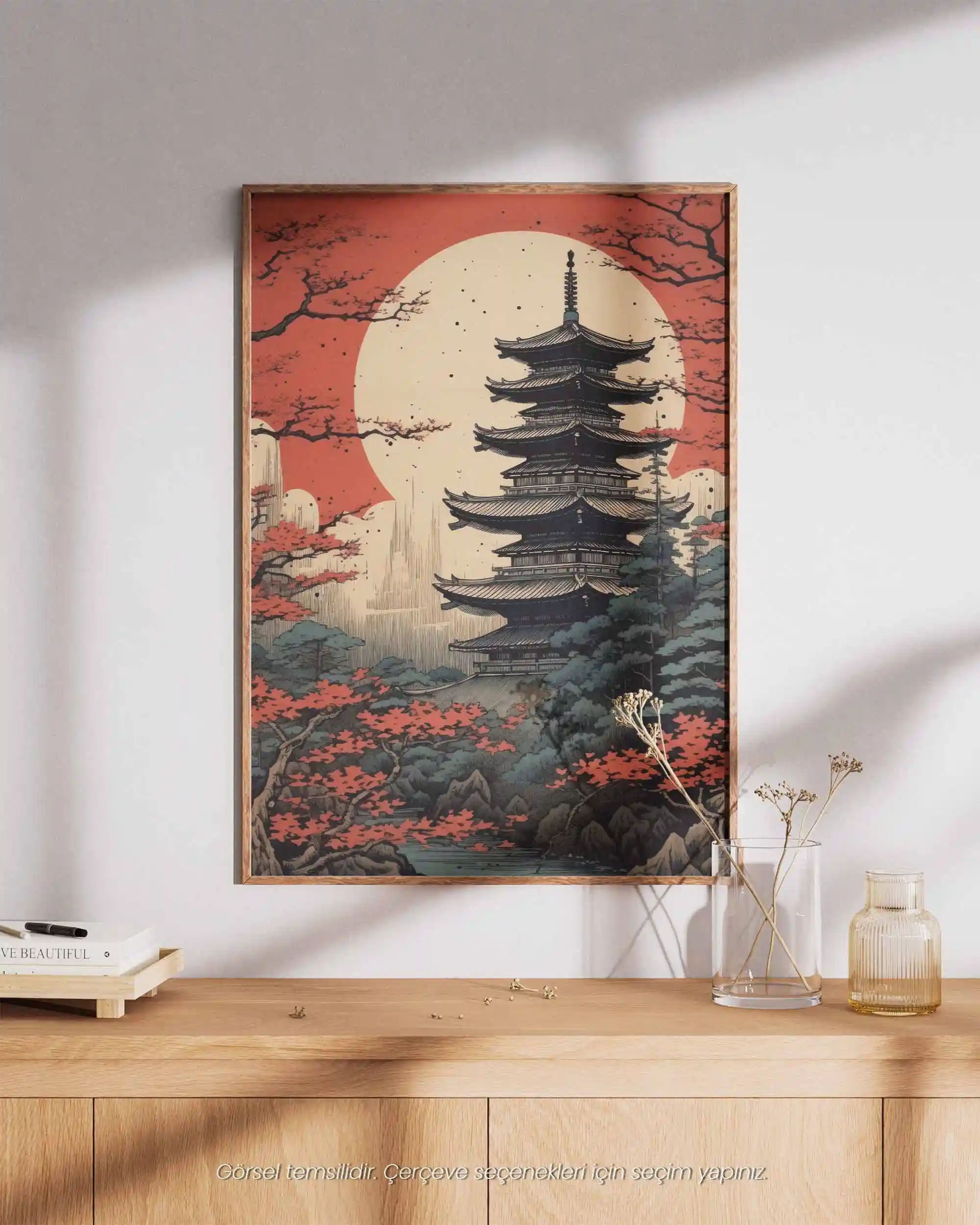 Kızıl Güneş Pagoda - Neo-Ukiyo-e Japon Manzara Poster