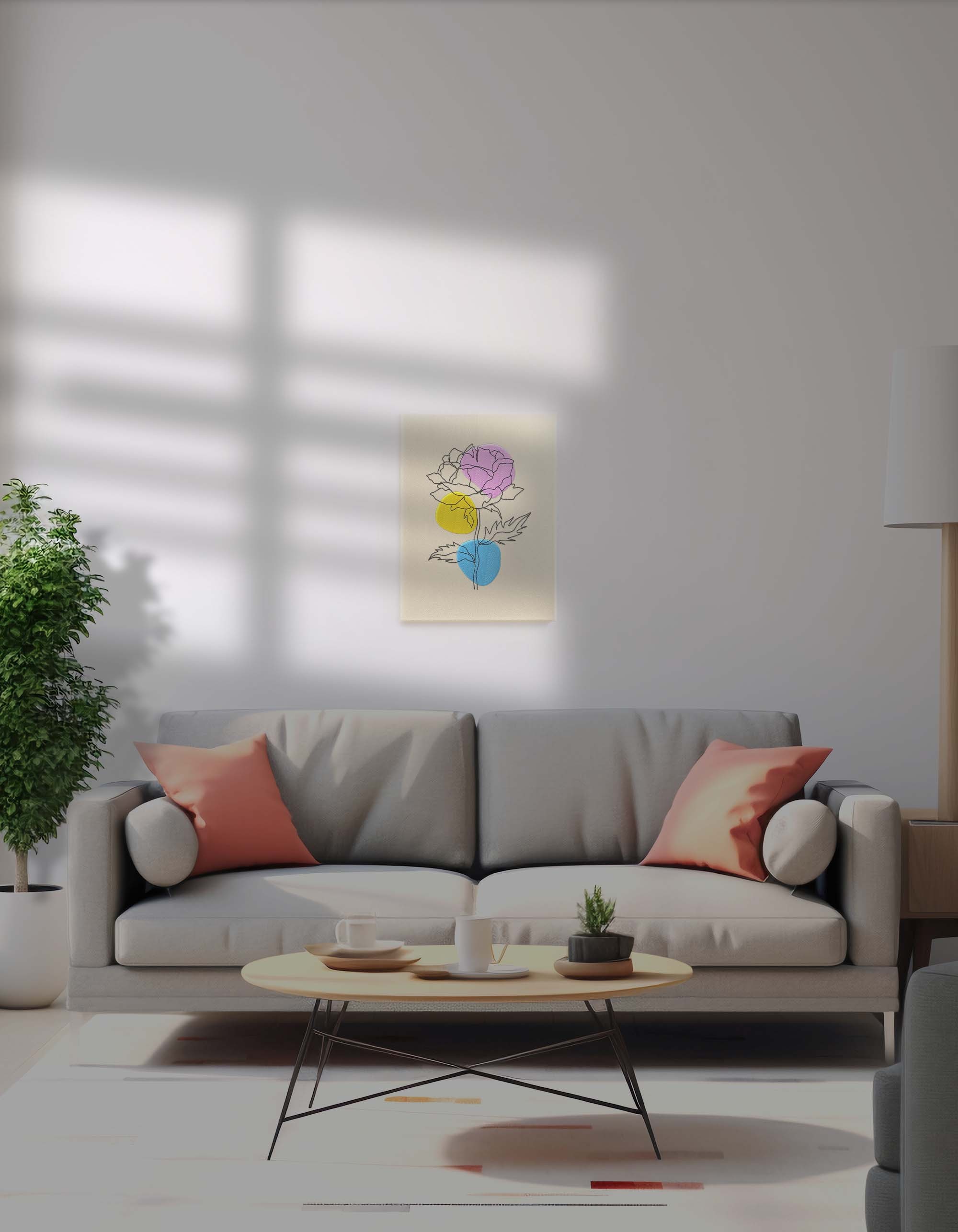 Pastel Gün Işığında Çiçek - Nakışlı Line Art Kanvas Tablo 30x40 cm