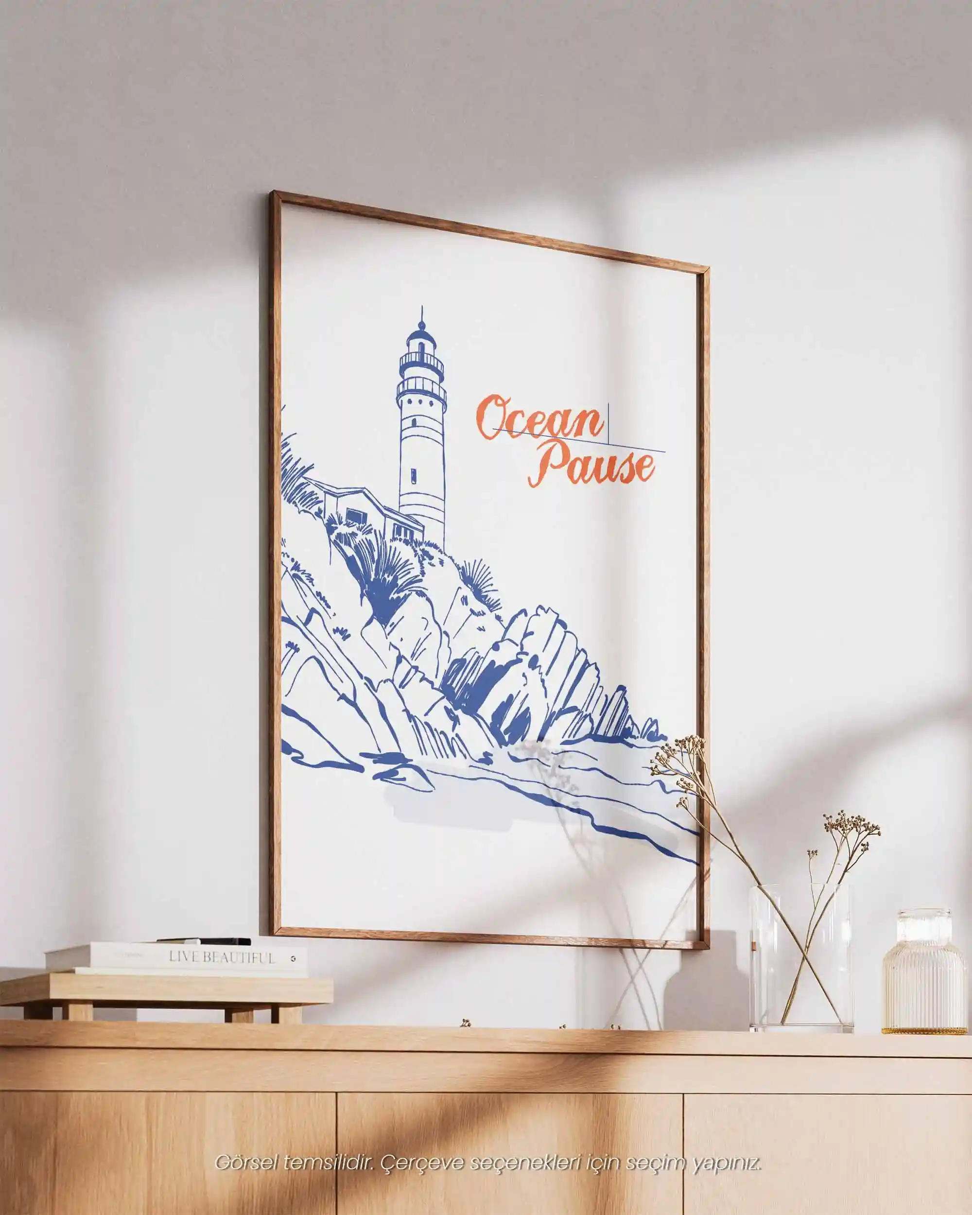 Ocean Pause - Deniz Feneri Tipografik Sahil Manzara Poster