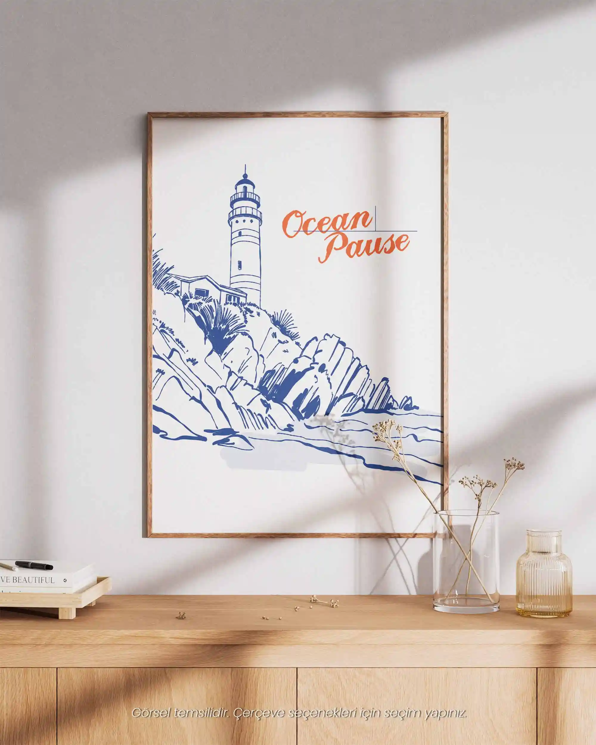 Ocean Pause - Deniz Feneri Tipografik Sahil Manzara Poster