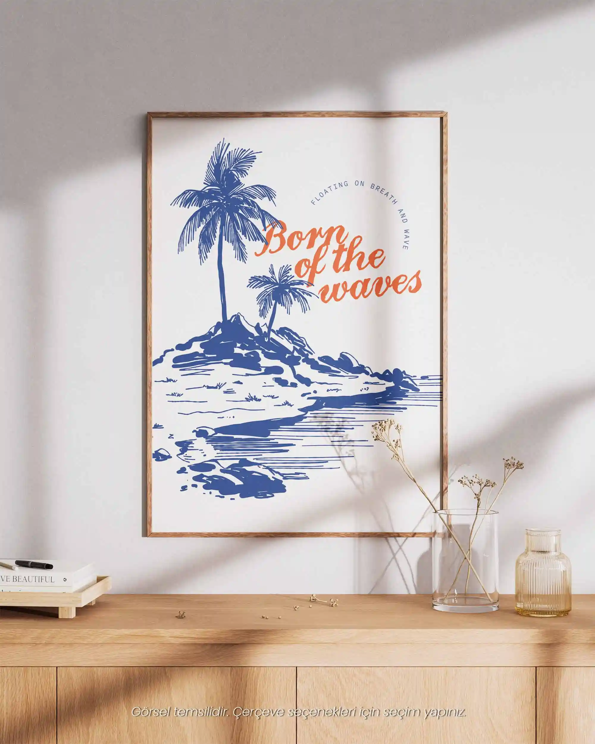 Born of the Waves - Tropik Minimal Sahil Tipografik Manzara Poster