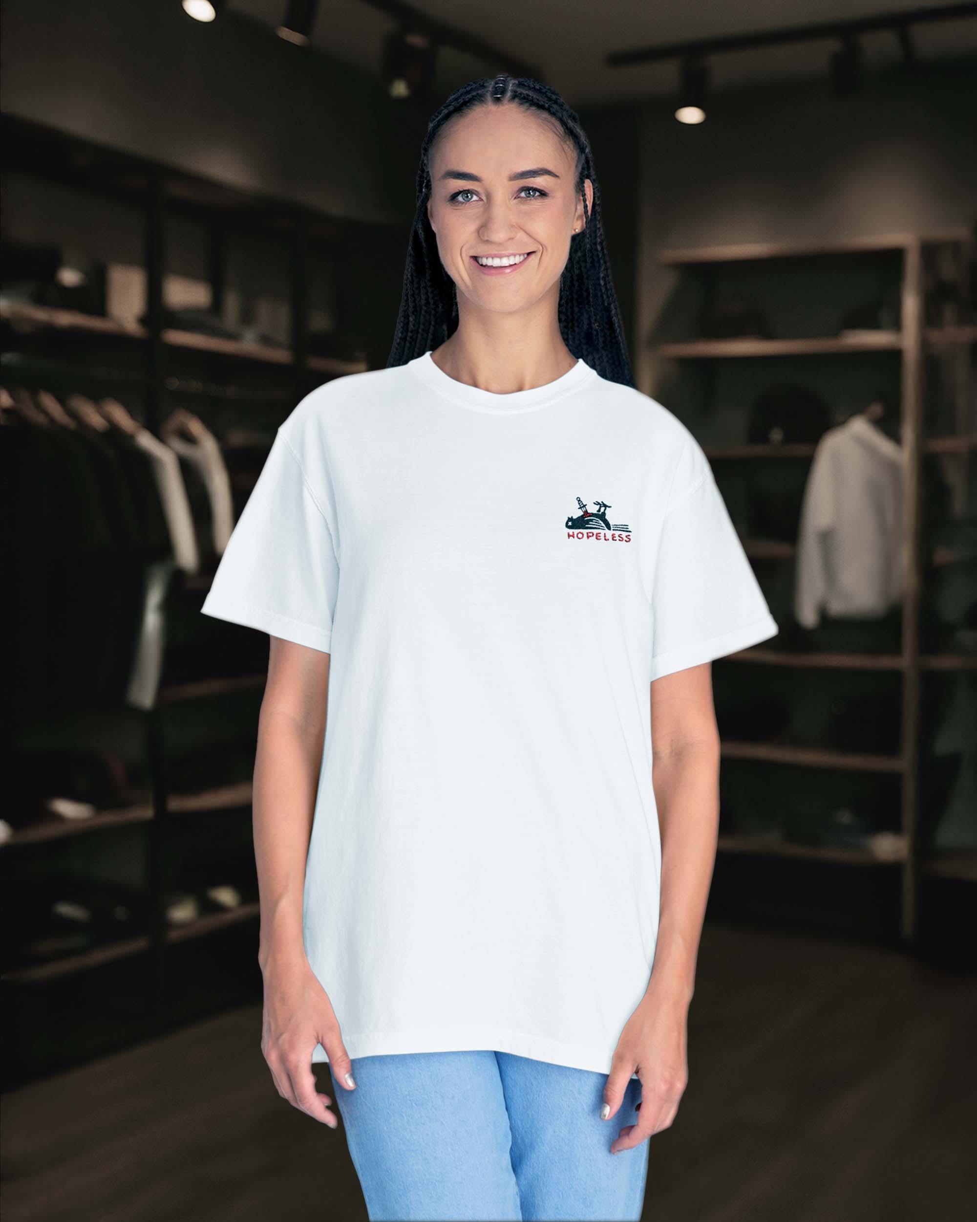Hopeless – Nakışlı Unisex Beyaz Tişört – %100 Pamuk Regular Fit
