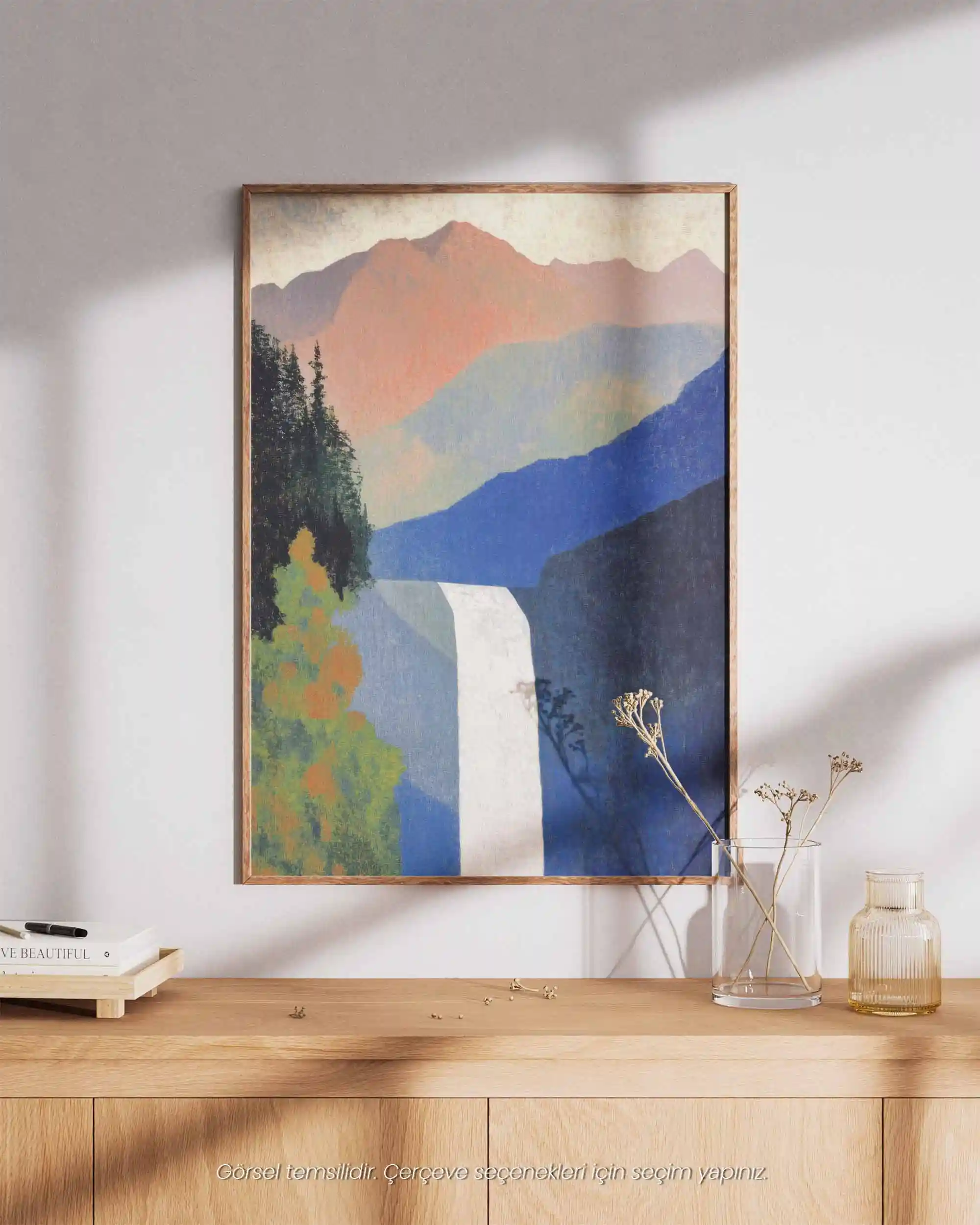 Dağ Eteğinde Şelale - Modernist Doğa Manzara Poster