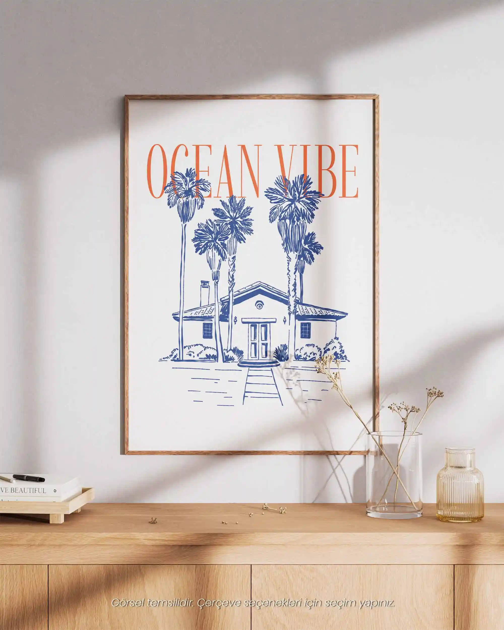 Ocean Vibe - Tipografik Palmiyeli Sahil Minimal Manzara Poster
