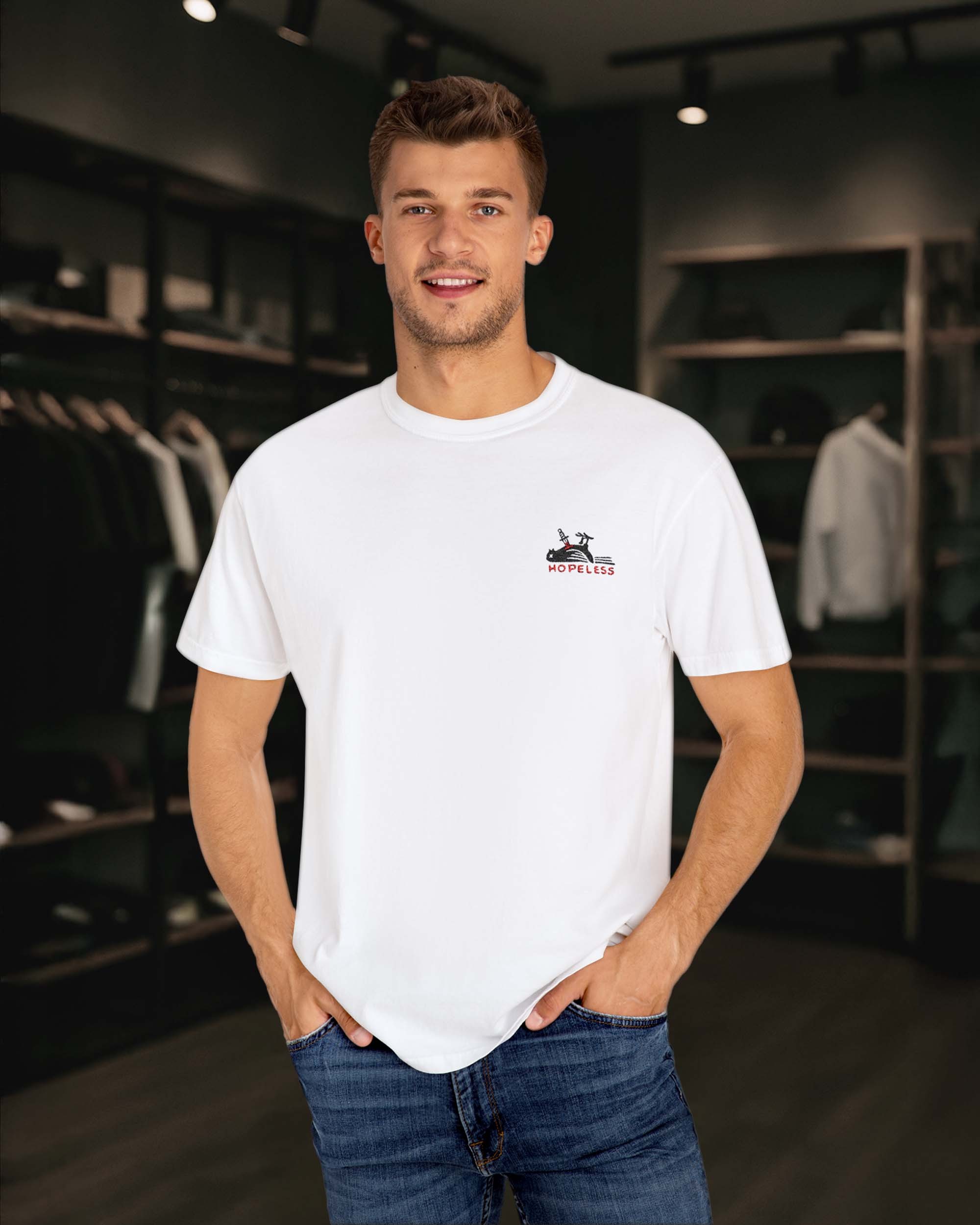 Hopeless – Nakışlı Unisex Beyaz Tişört – %100 Pamuk Regular Fit