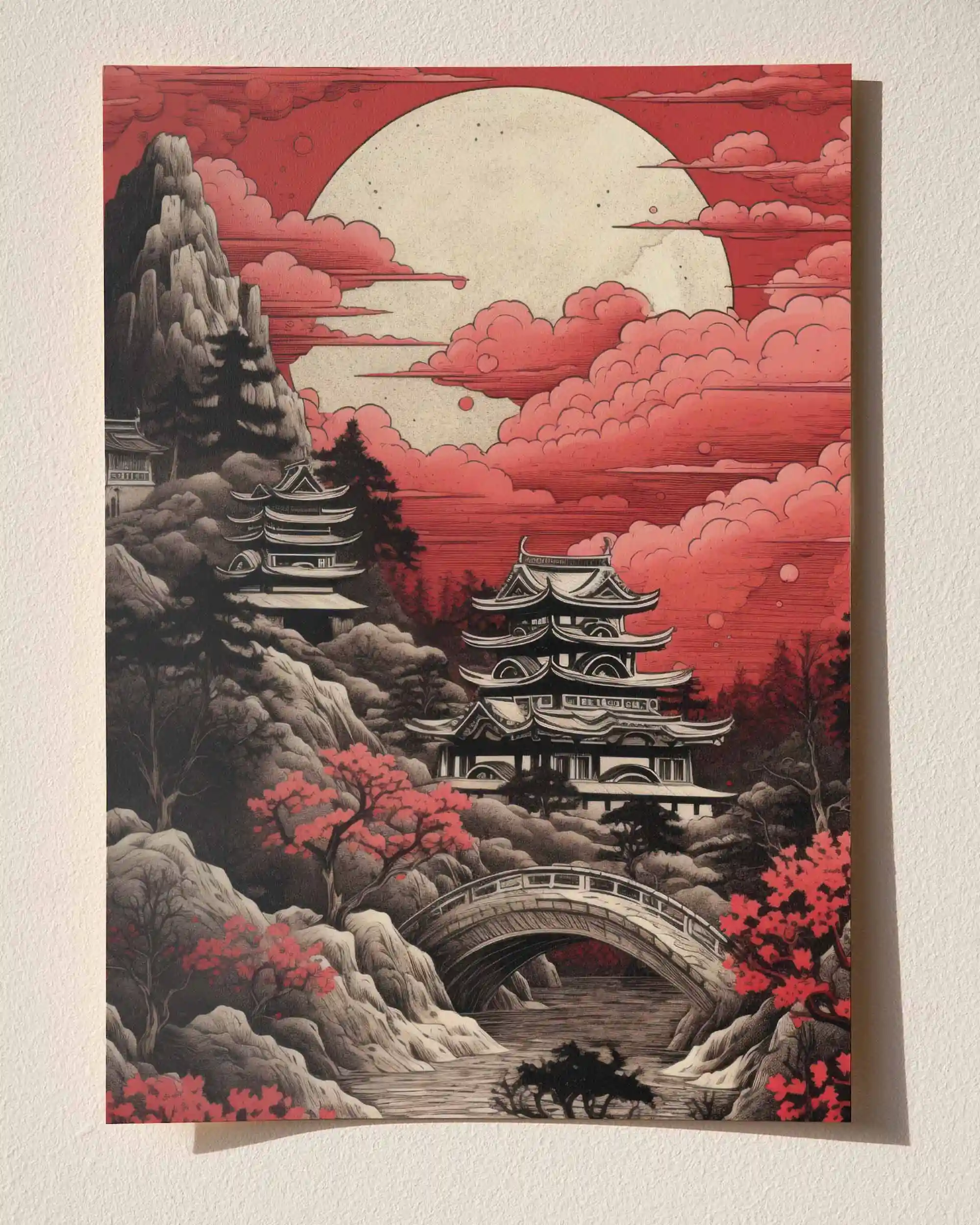 Kızıl Ay Köprüsü - Neo-Ukiyo-e Japon Manzara Poster