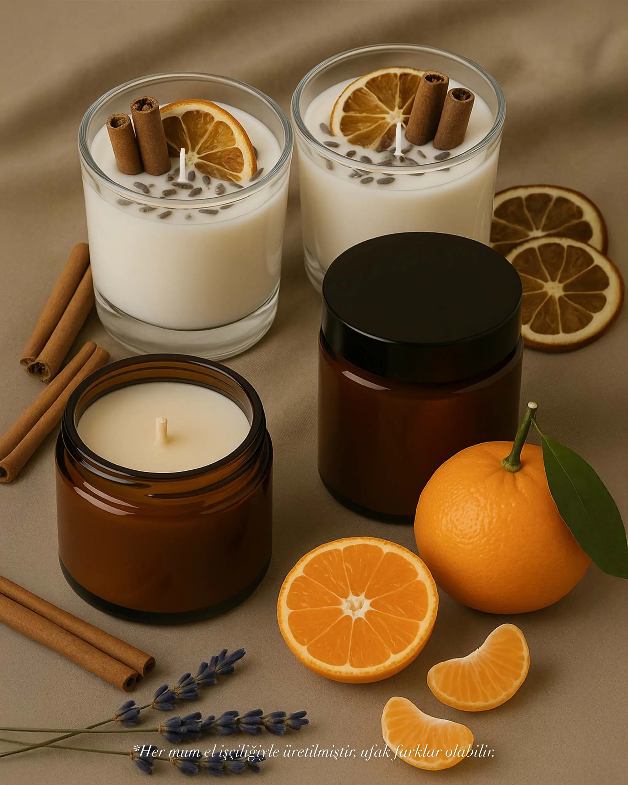 Lavanta ve Mandalina Kokulu 4’lü Mum Seti - El Yapımı Soya Wax Mum Seti - Amber ve Şeffaf Cam Kavanozlarda Doğal ve Dekoratif Tasarım