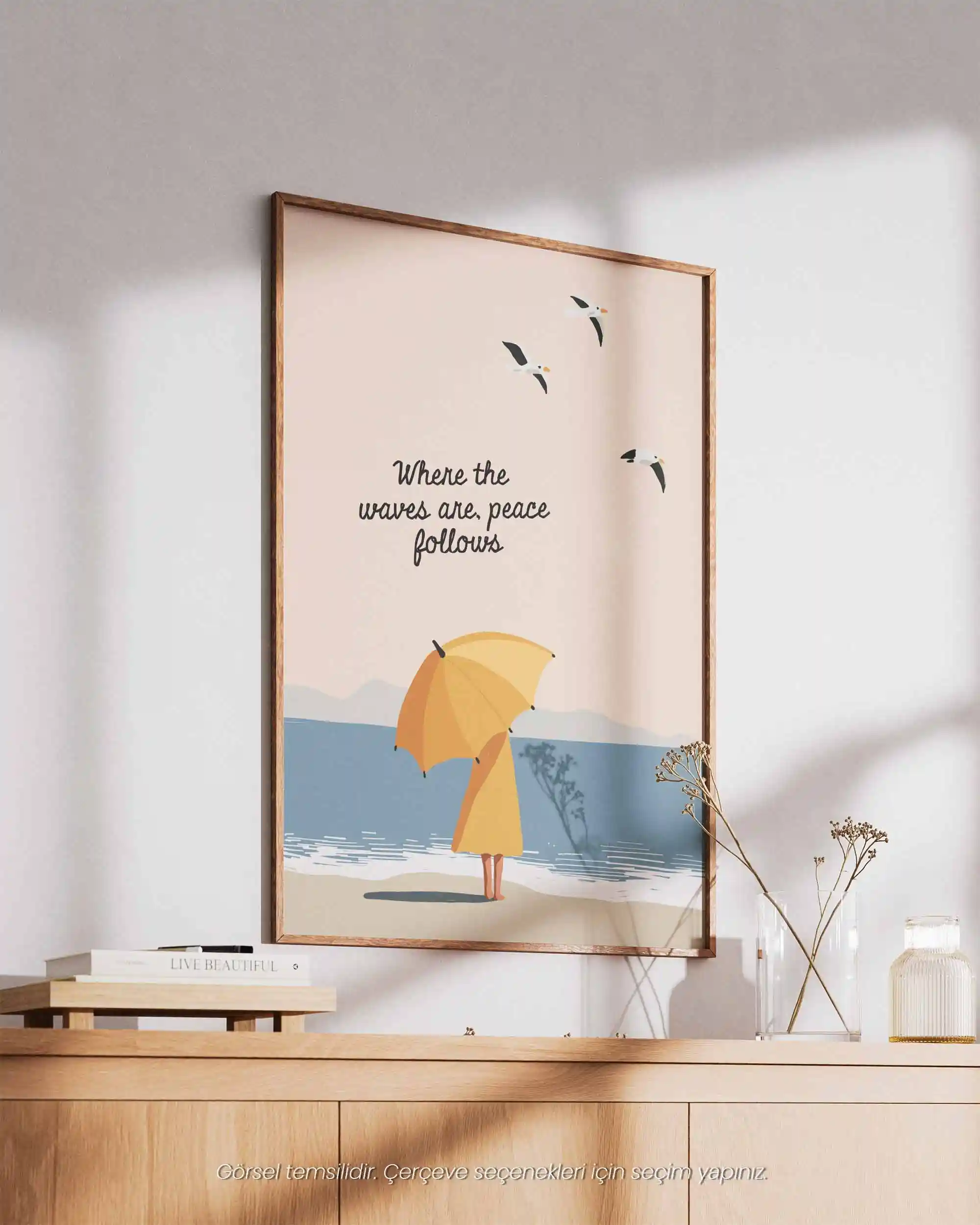 Huzur Dalgaları - Tipografik Sahil İllüstrasyon Deniz Manzara Poster