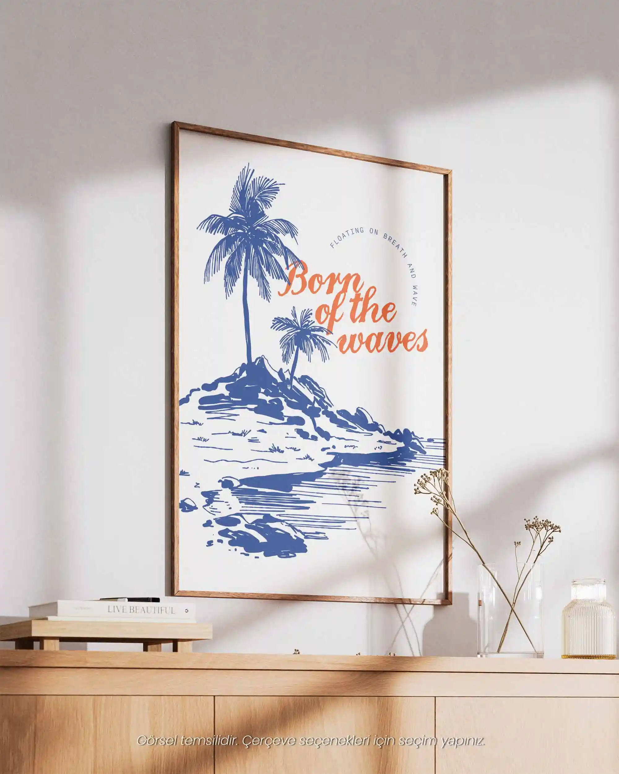 Born of the Waves - Tropik Minimal Sahil Tipografik Manzara Poster